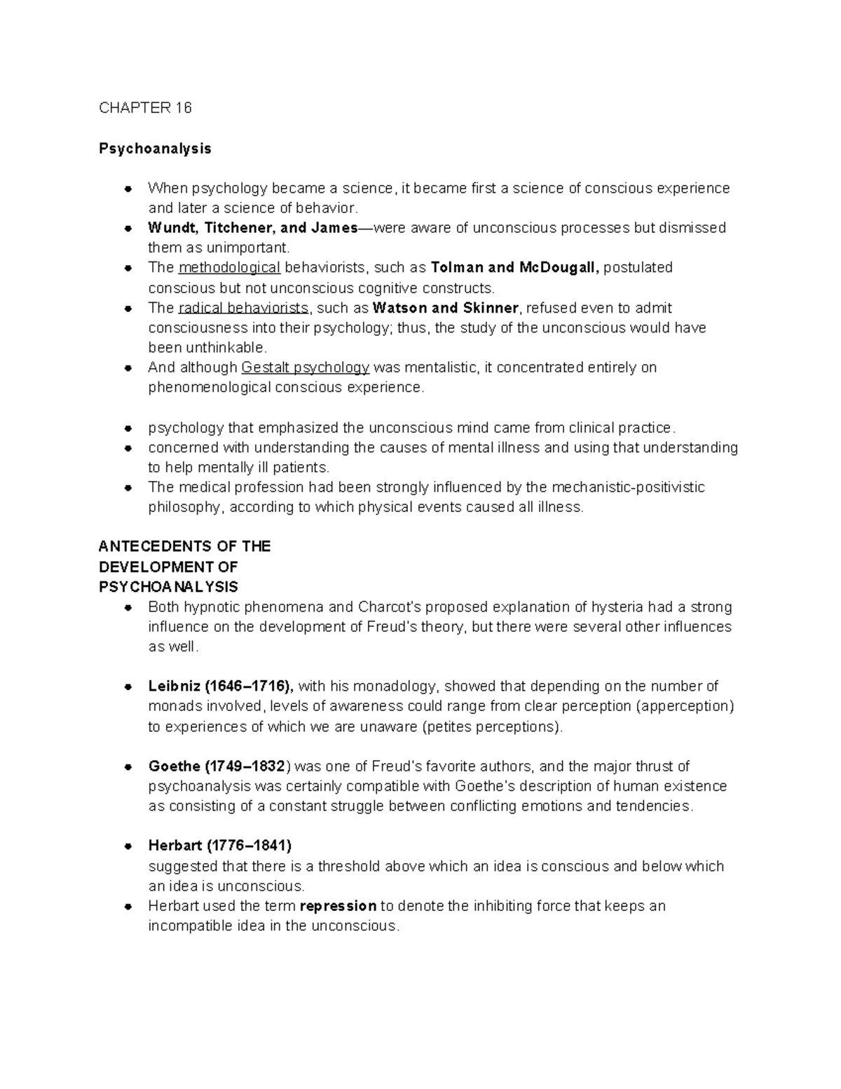 HSP chap 16-17 notes - CHAPTER 16 Psychoanalysis When psychology became ...