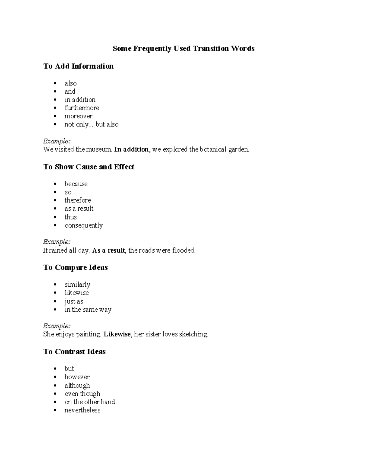 Transition Words and Their Usage in Writing: A Guide - Studocu