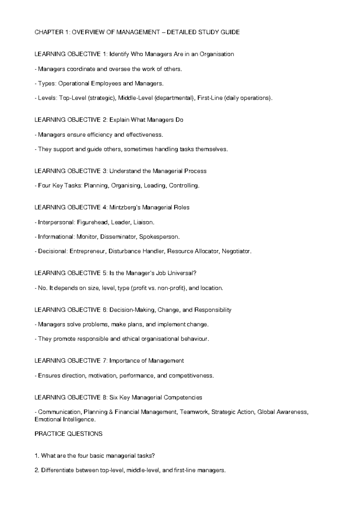 CHAPTER 1: MANAGEMENT OVERVIEW STUDY GUIDE & PRACTICE QUESTIONS - Studocu