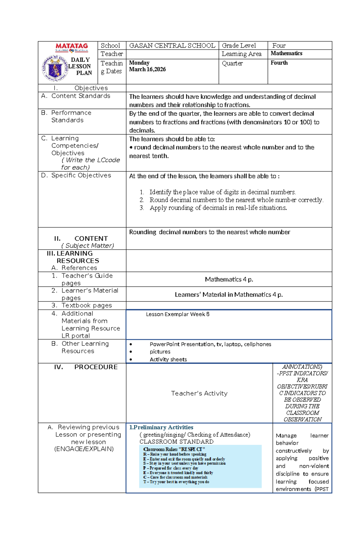 Q4 Lesson Plan: Rounding Decimals for Grade 4 Mathematics - Studocu