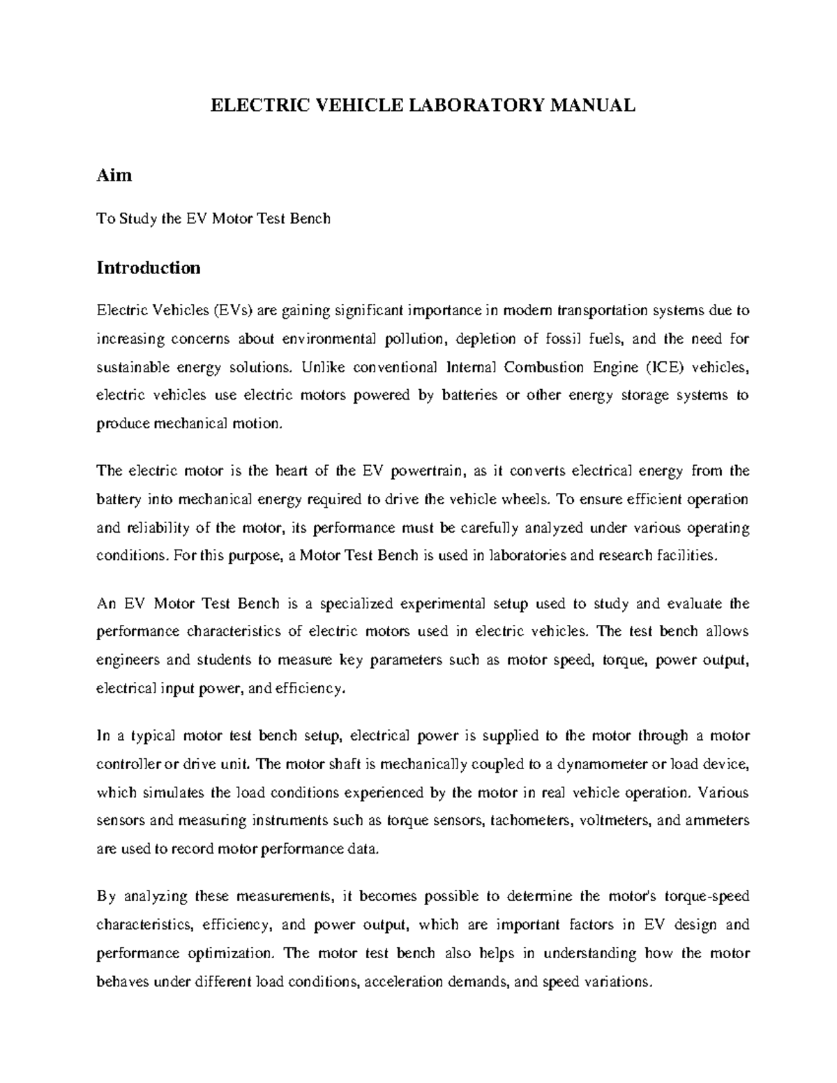 EV Lab Manual: Practical 5 - Study of EV Motor Test Bench - Studocu