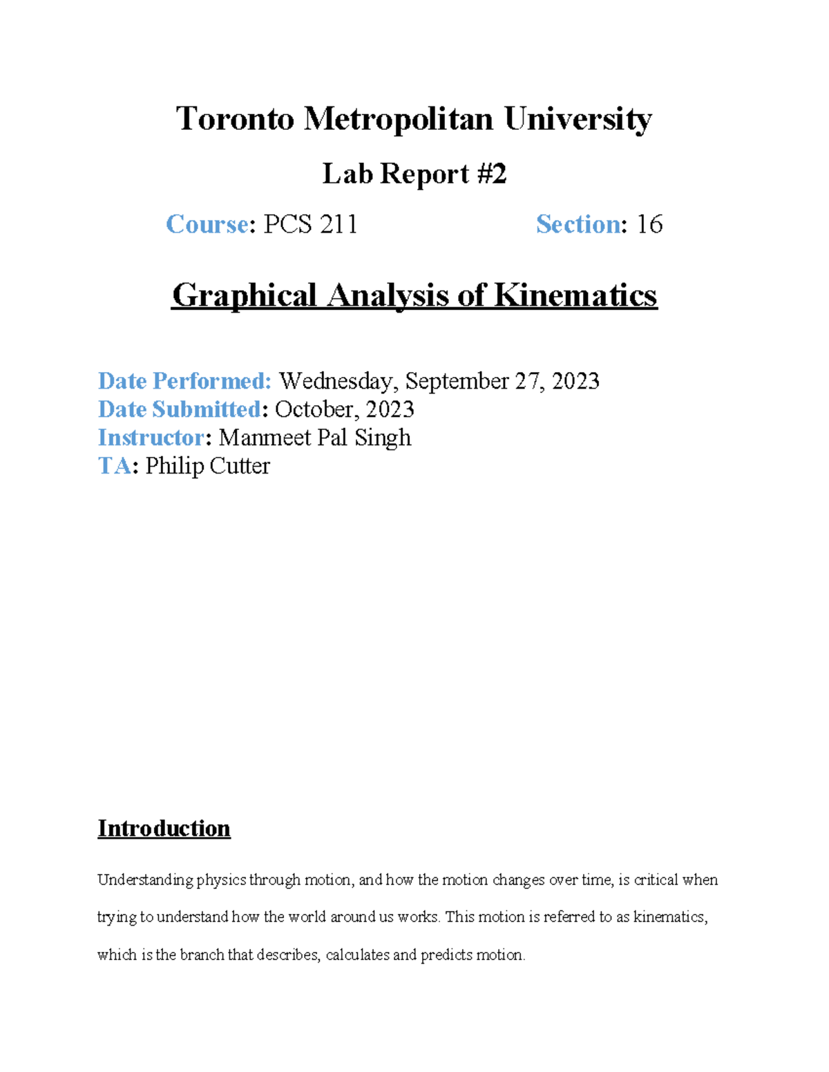 Lab 2 - Lab 2 report - Toronto Metropolitan University Lab Report ...