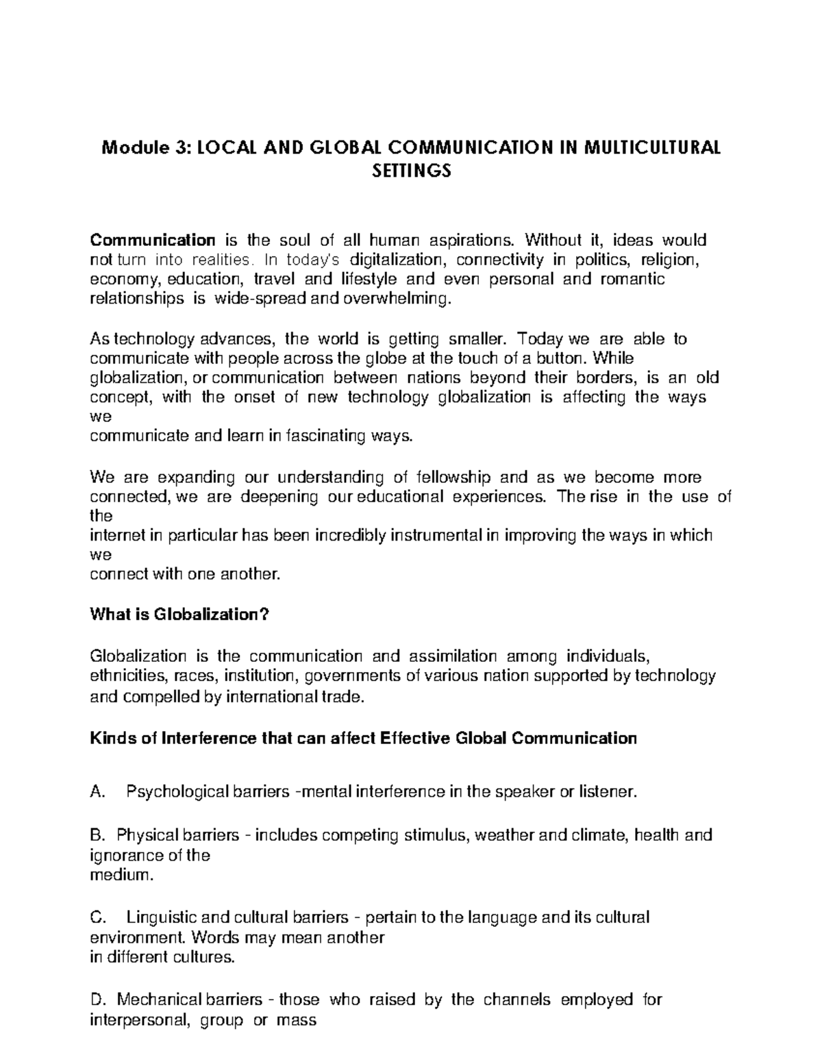 Module 3 - Module 3: LOCAL AND GLOBAL COMMUNICATION IN MULTICULTURAL ...