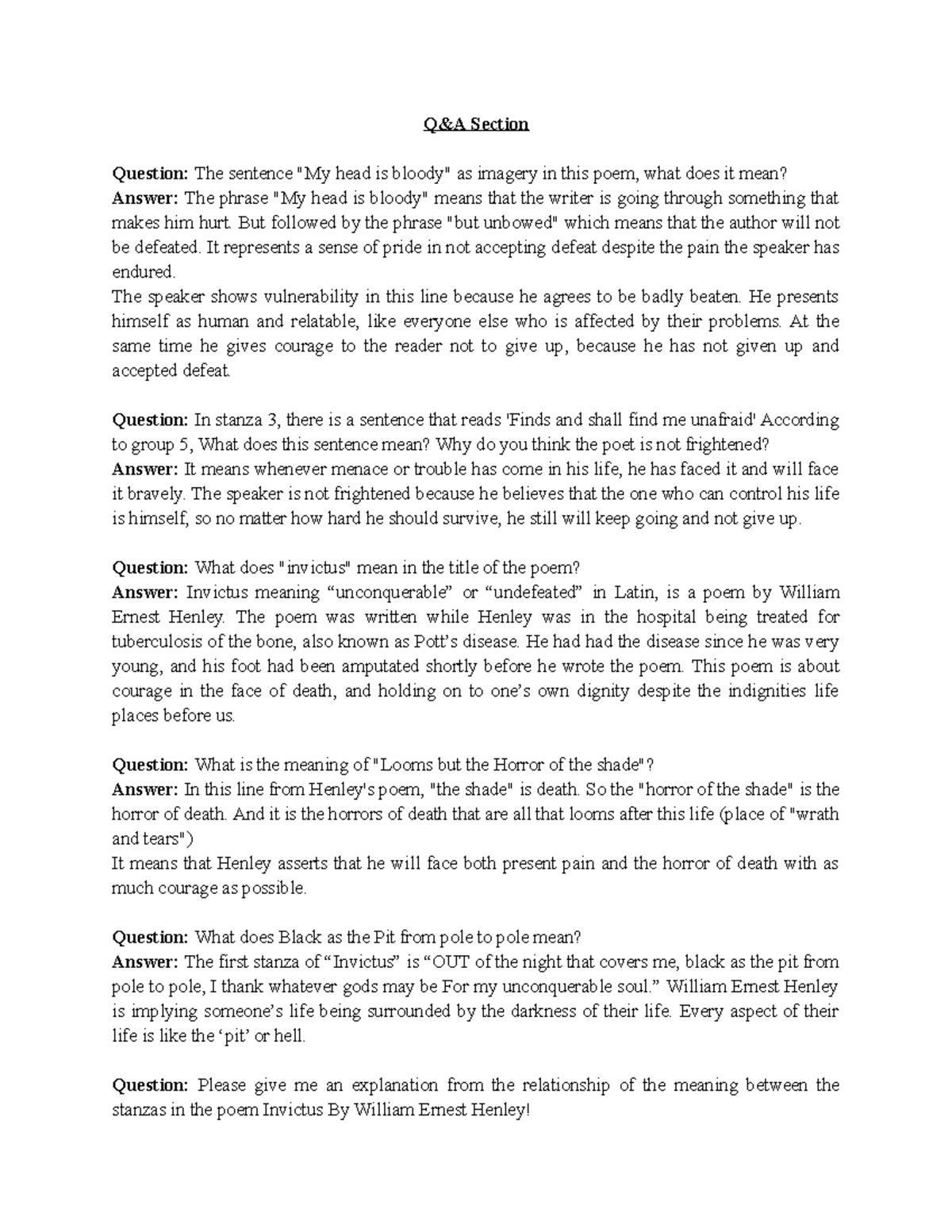 Group 5's Analysis of Invictus Poem: Key Questions & Answers - Studocu
