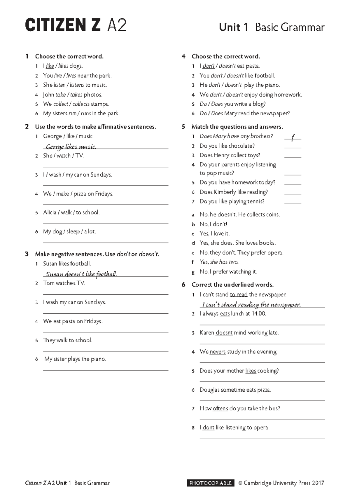 Grammar Basic - Unit 01 - Present Simple Exercises (CITIZEN Z A2) - Studocu