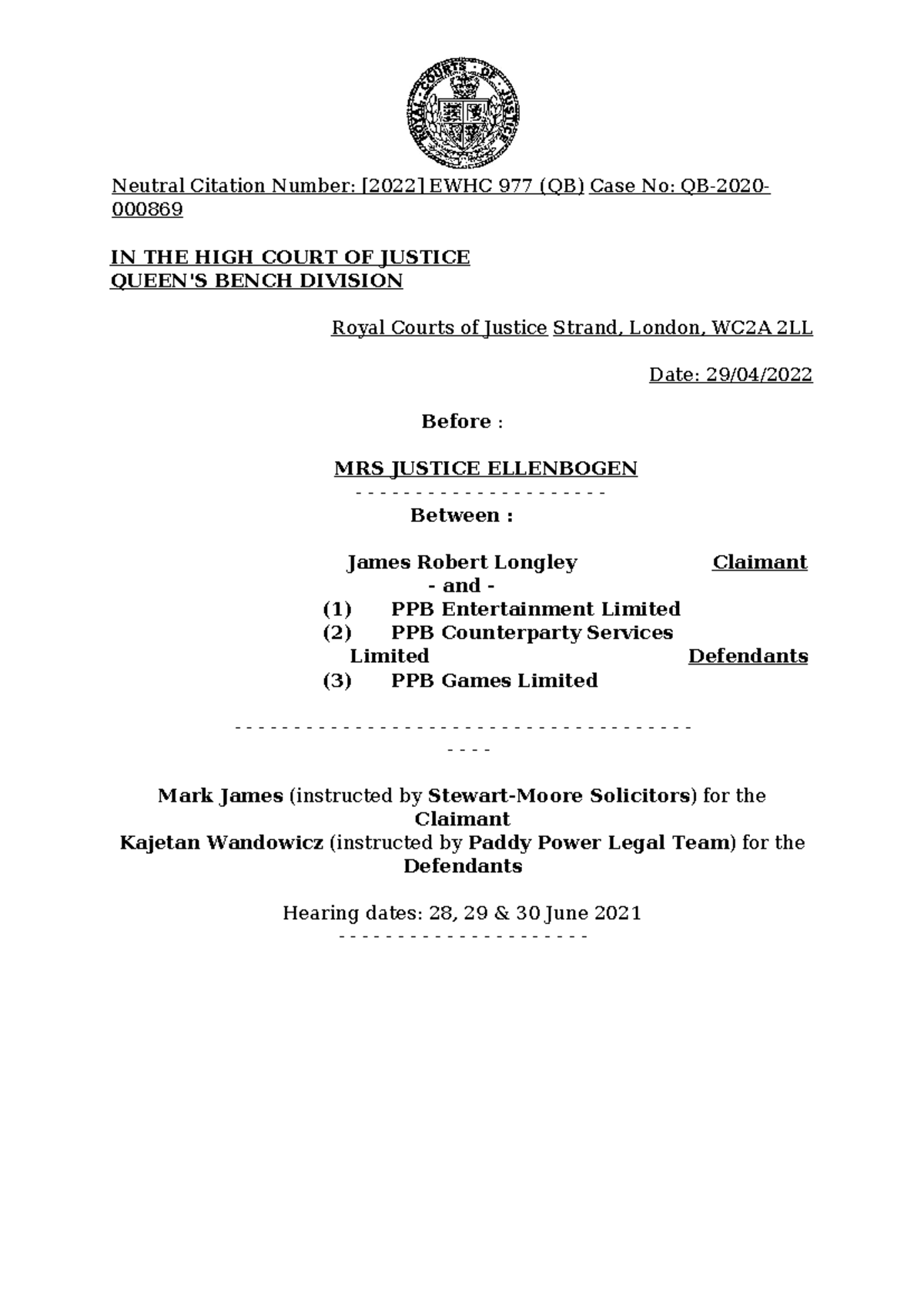 Longley v PPB Entertainment Ltd [2022] EWHC 977 (QB) Case Summary - Studocu