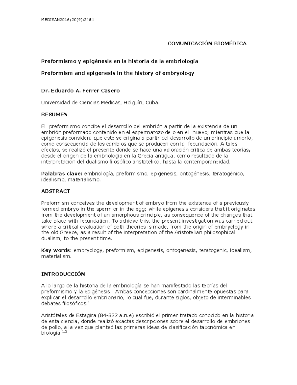 Preformismo y Epigénesis: Crítica Histórica en Embriología - Studocu