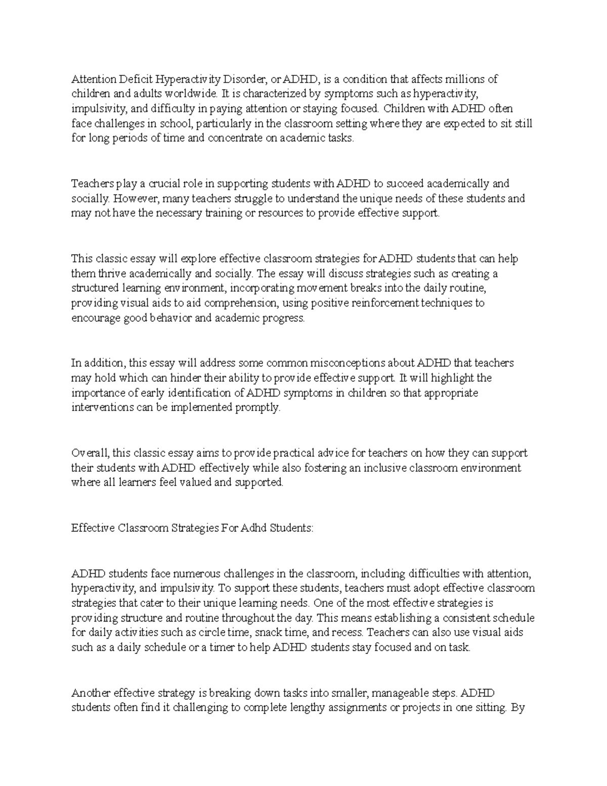 Adhd and teachers - essay - Attention Deficit Hyperactivity Disorder ...