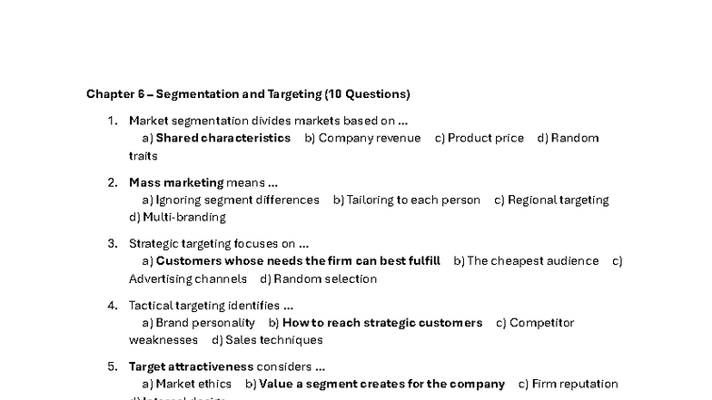 Quiz on Chapter 6: Segmentation and Targeting (10 Questions) - Studocu