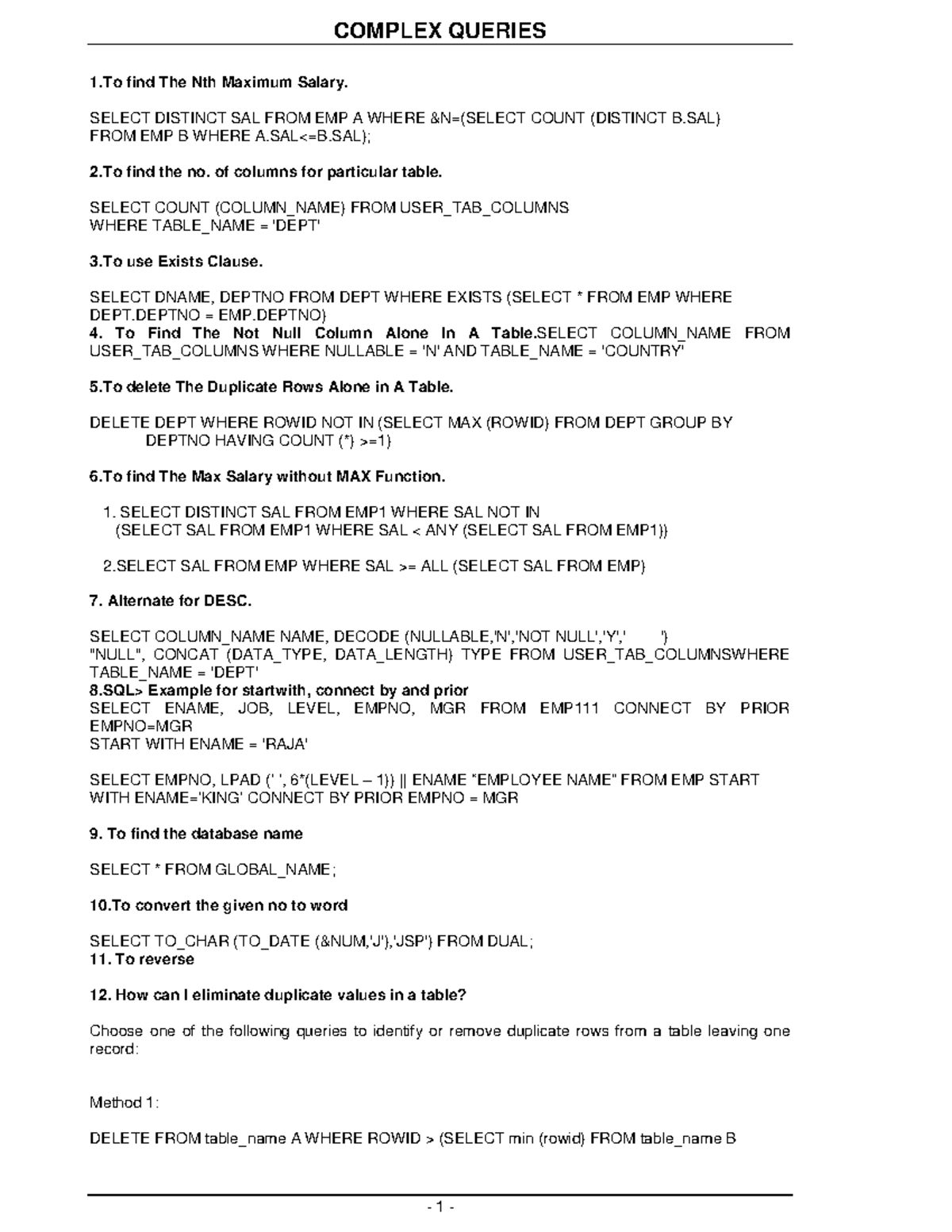 Complex SQL Queries - SQL - 1 find The Nth Maximum Salary. SELECT ...