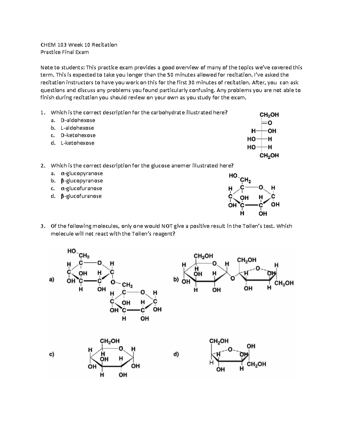 CHEM 103 Week 10 Recitation Practice Final Exam Review - Studocu