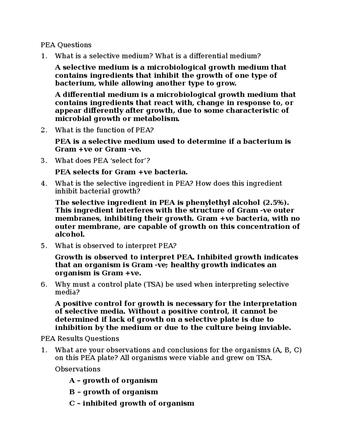 Example Answers for PEA, MSA, and Thioglycolate Questions - Studocu