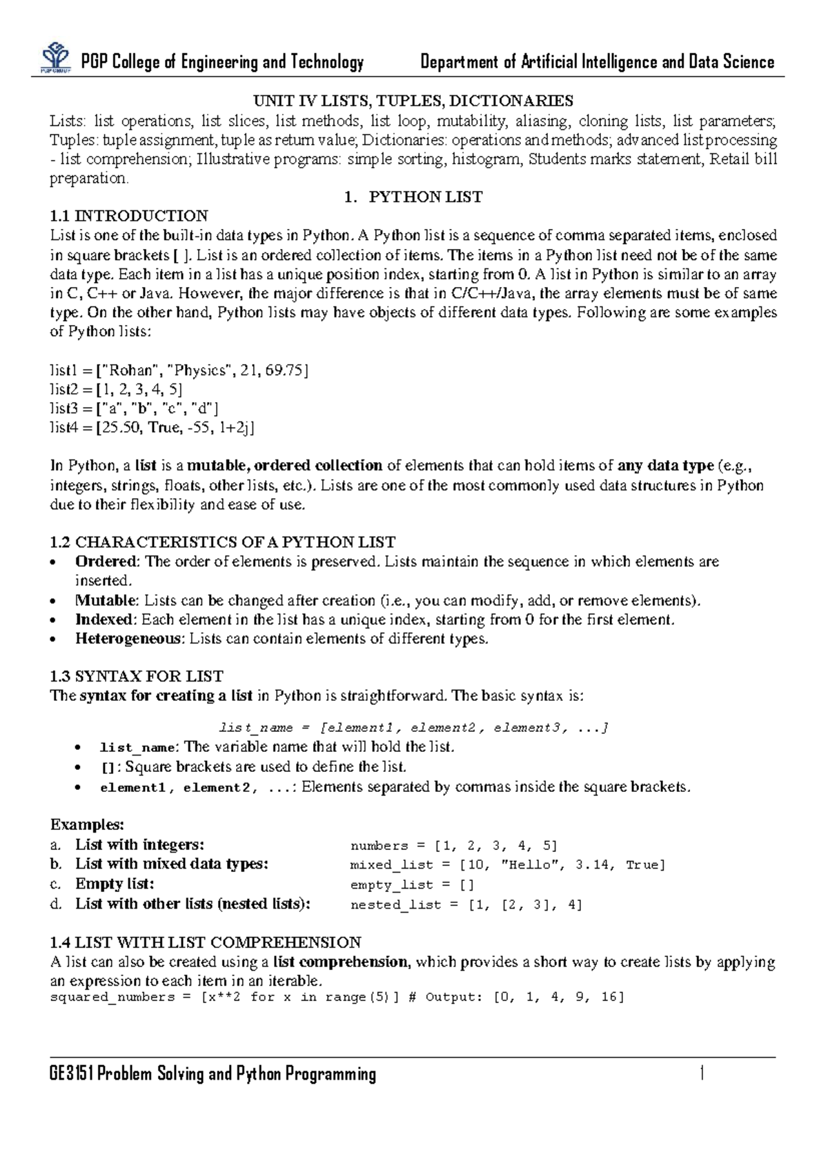 GE3151 PS and Python Programming - UNIT IV - UNIT IV LISTS, TUPLES ...