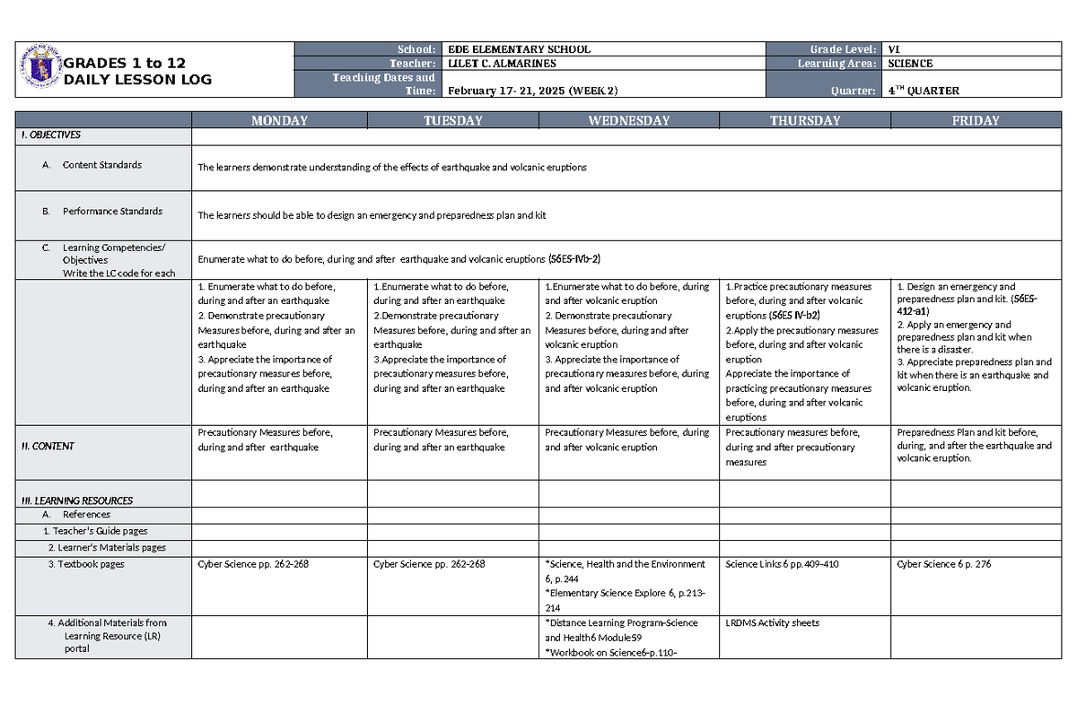 DLL Science 6 Q4 W2: Earthquake & Volcanic Eruption Preparedness - Studocu