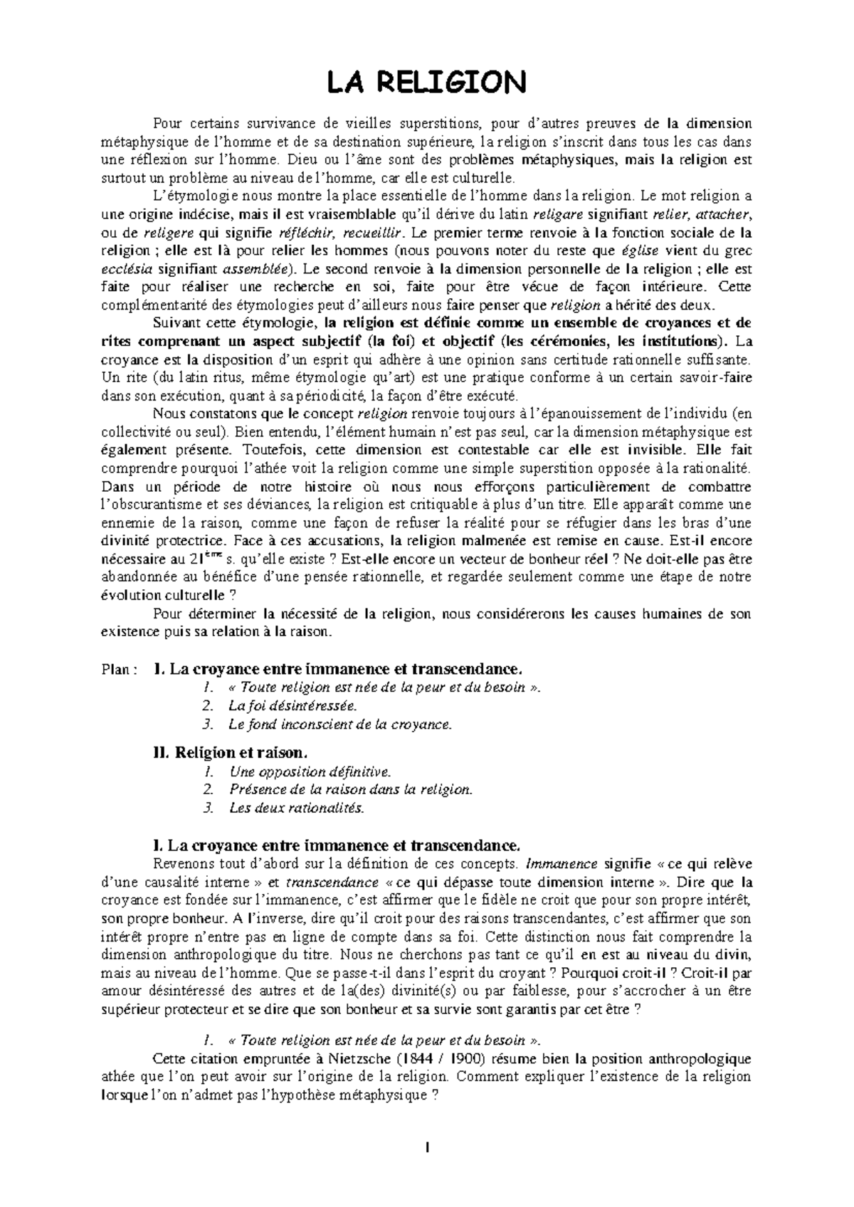 La-religion - Cours donné par le prof de philosophie portent sur le ...