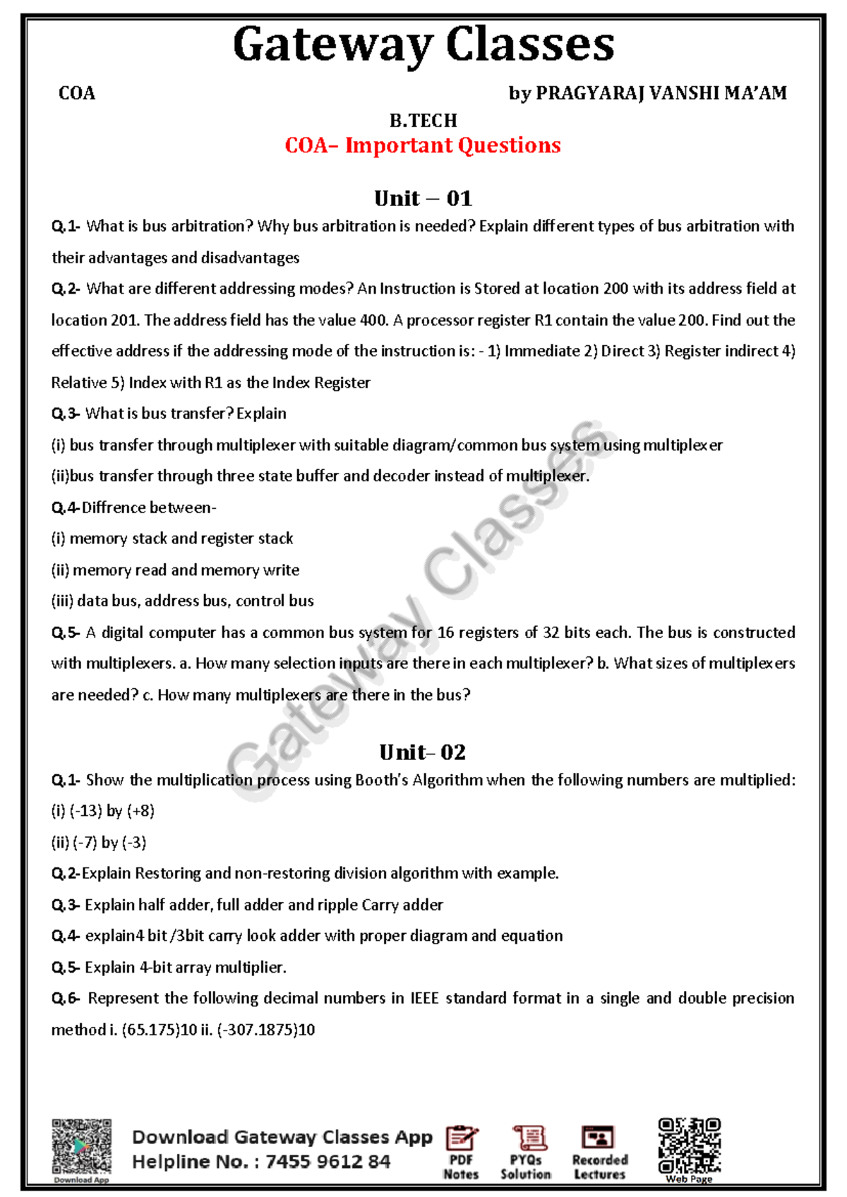 COA-MOST Important Questions for B.TECH Gateway Classes Units 01-04 ...
