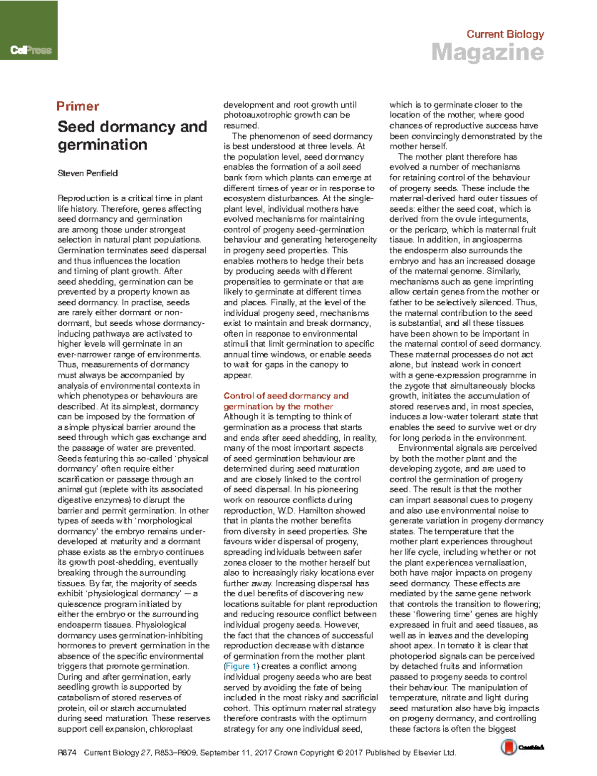 Seed Dormancy and Germination: Insights from Current Biology R874 - Studocu