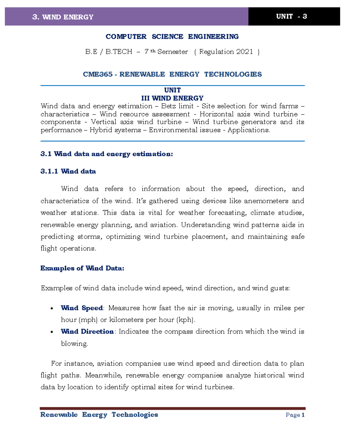 CME365 Renewable Energy Technologies: Wind Energy Unit 3 Notes - Studocu