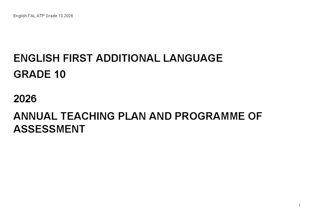 English FAL ATP Grade 10 2026: Annual Teaching Plan Overview - Studocu