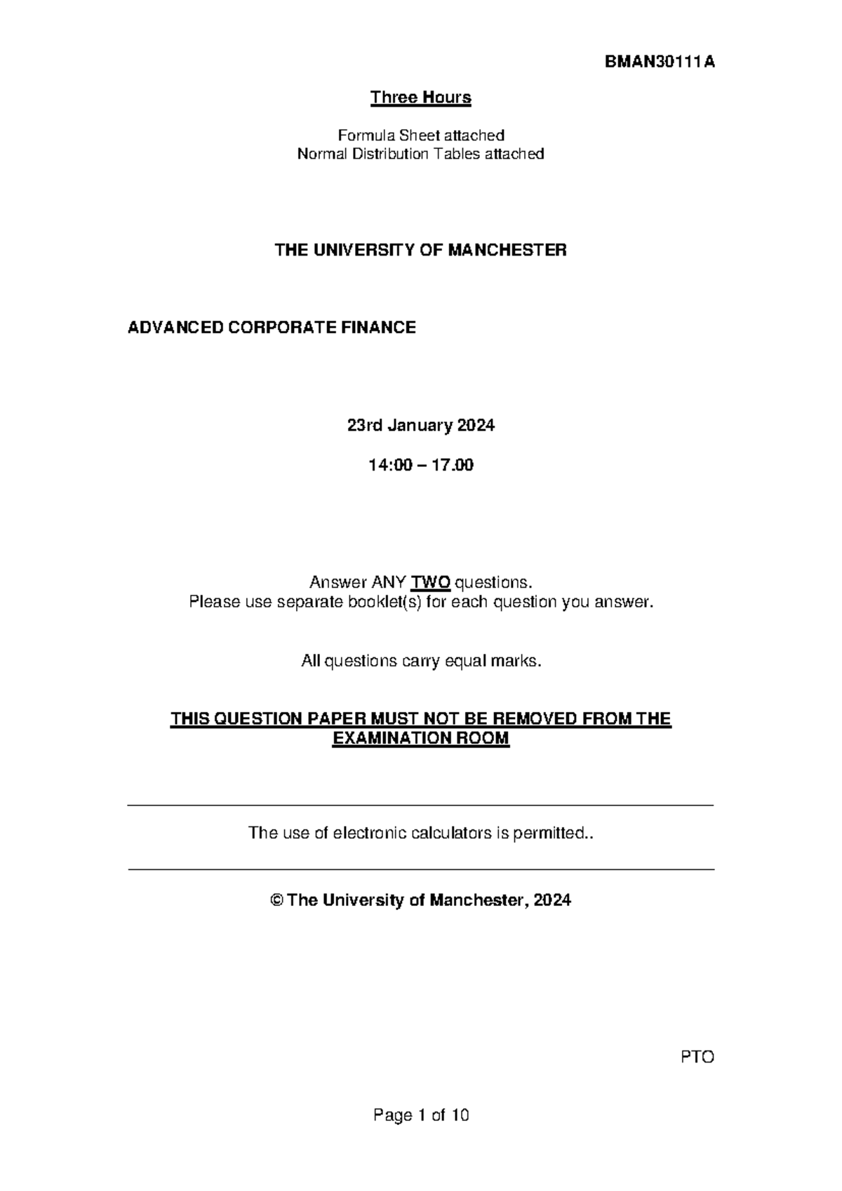 BMAN30111 A - Advanced Corporate Finance Final Exam Formula Sheet ...