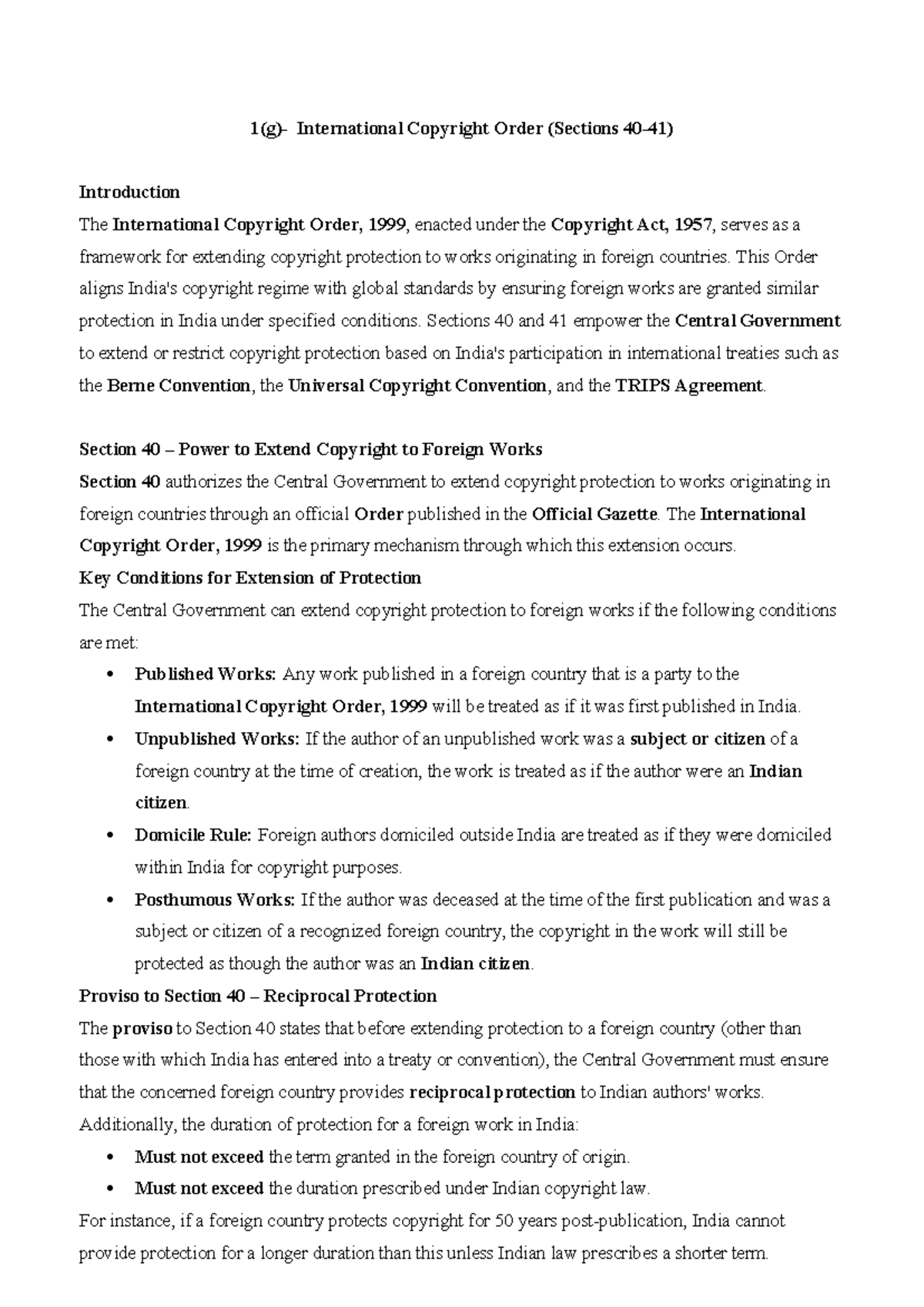 1(g) - IPR Final Exam Notes: International Copyright Order Overview ...