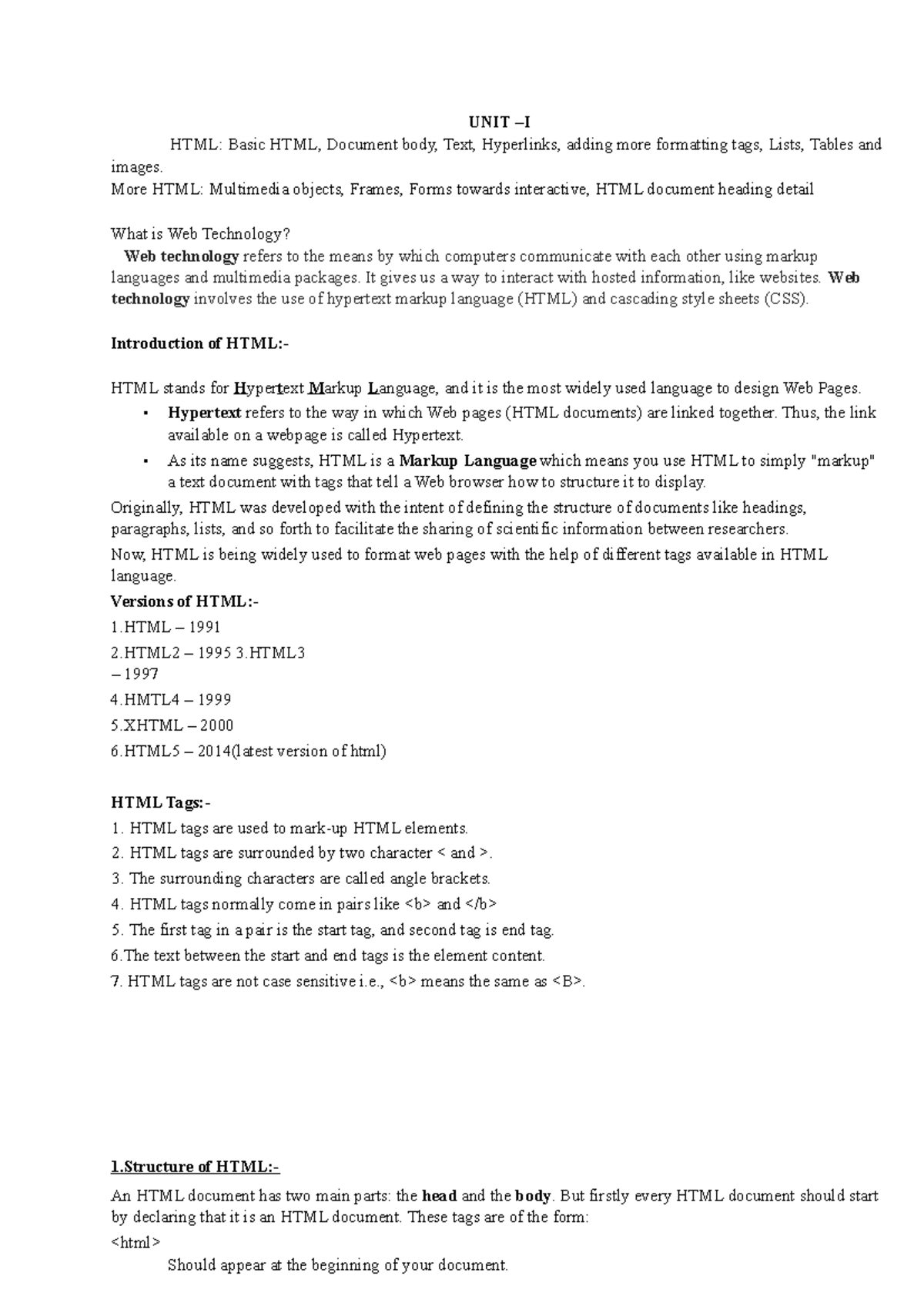 Unit-1: Introduction to HTML, Tags, and Web Technology Basics - Studocu