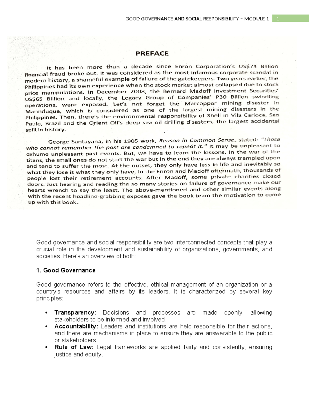 Good Governance and Social Responsibility - Module 1 Overview - Studocu