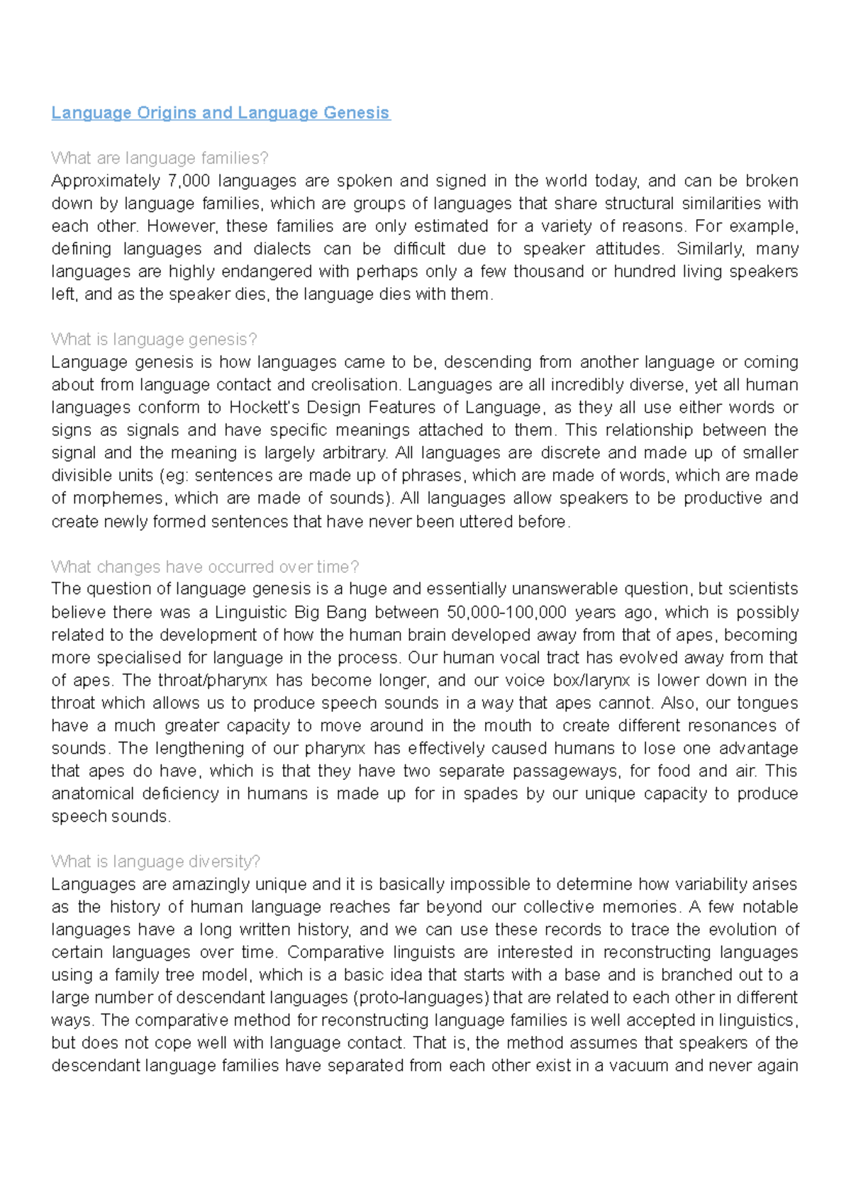 LING102 Language Origins: Families, Genesis & Evolution Insights - Studocu