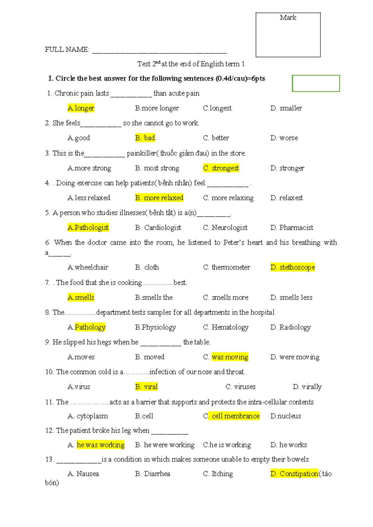 Bài Kiểm Tra Cuối Kỳ E1: Test 2 - English Term 1 - Studocu