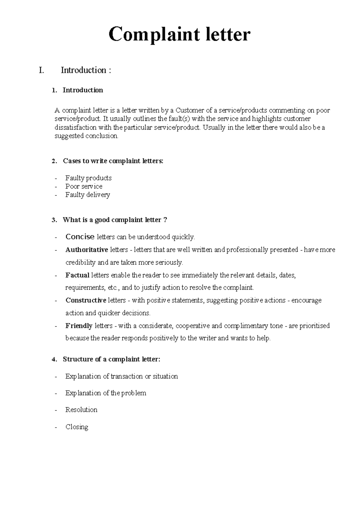 Complaint letter - Introduction : 1. Introduction A complaint letter is ...