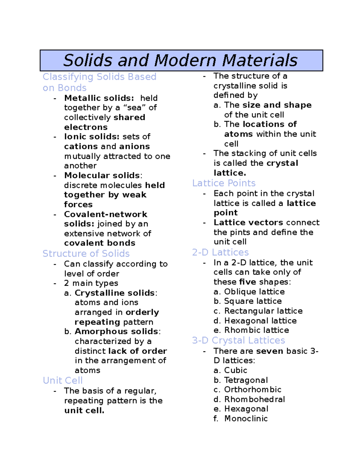Chemistry Solids and Modern Materials Notes - Solids and Modern ...