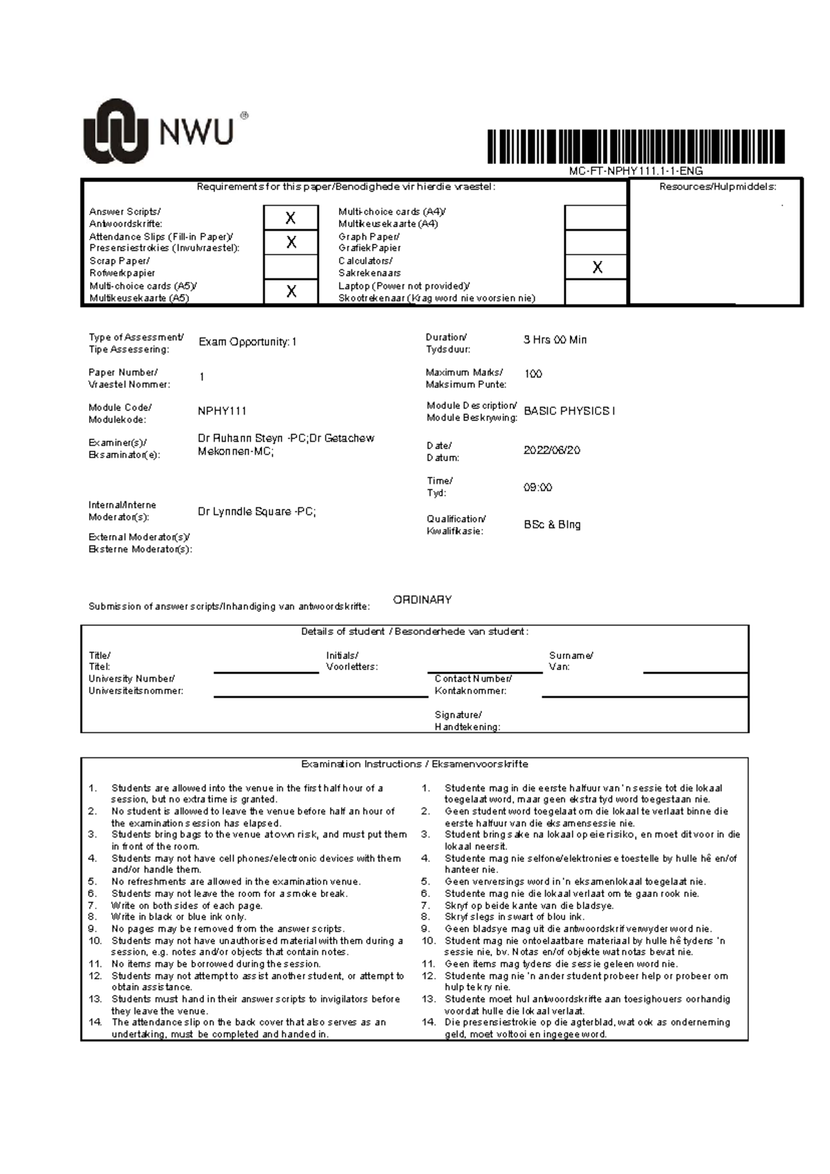 NPHY111 mc-jun2022 - Exam paper - ####### Requirements for this paper ...