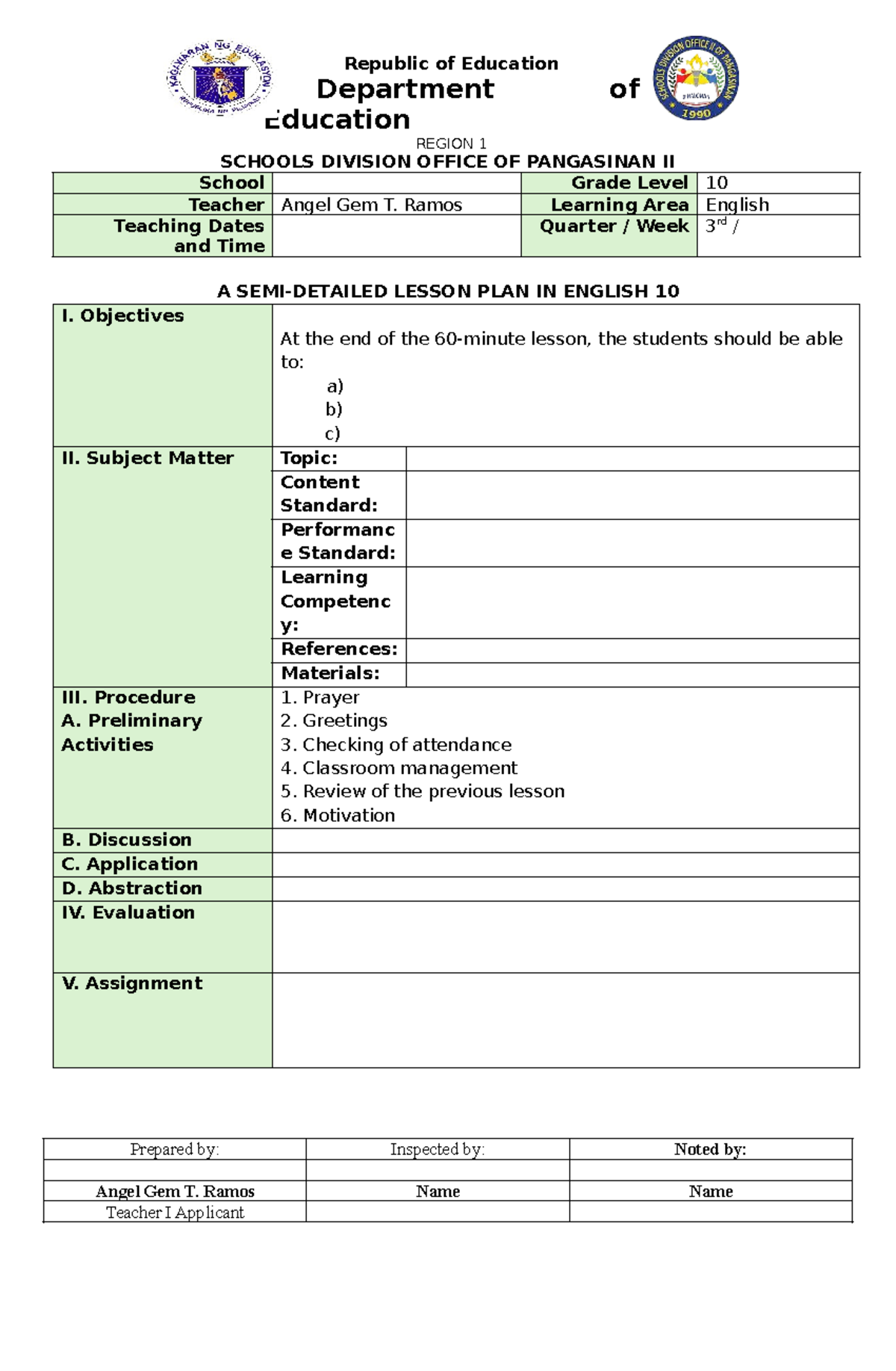 Lesson Plan for English 10 - 3rd Quarter, Week 3 - Studocu