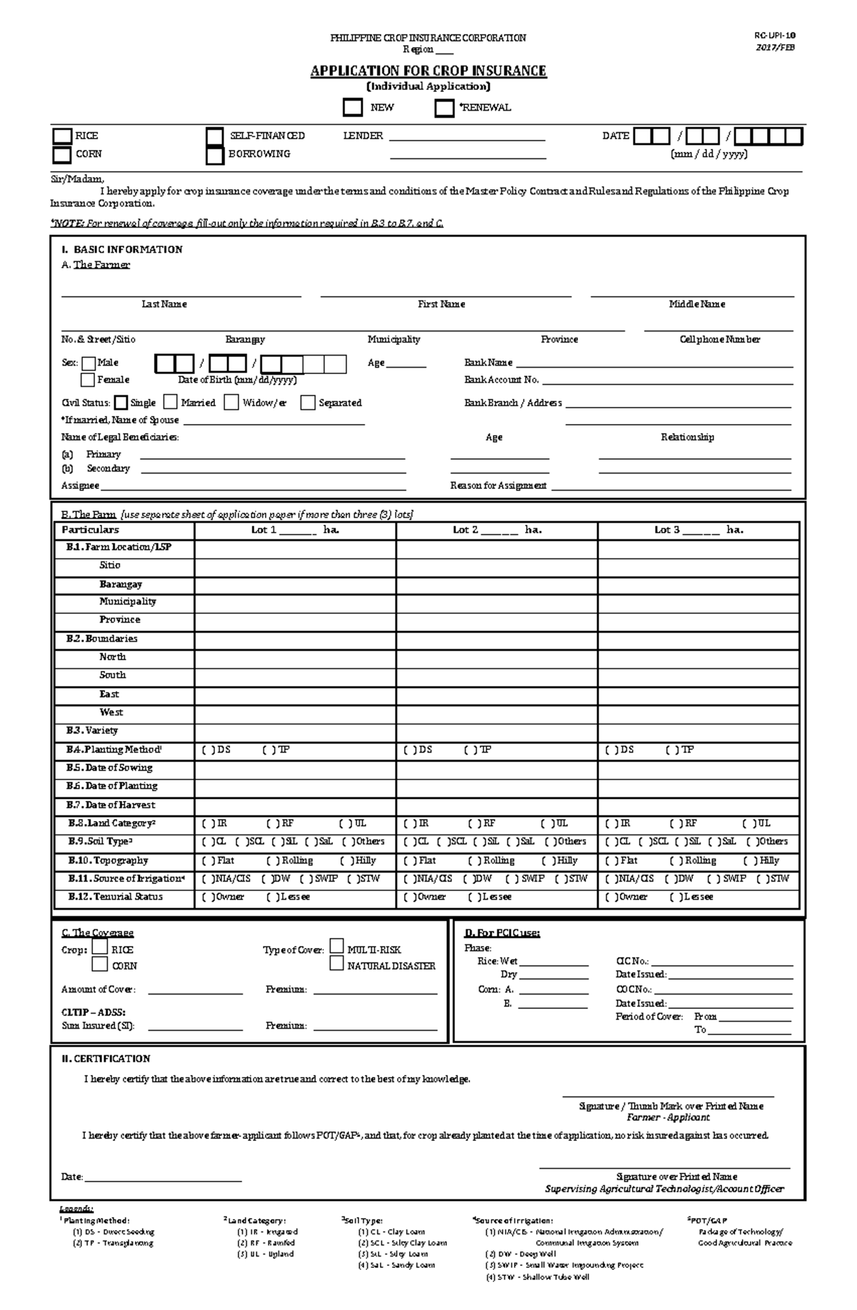 PHILIPPINE CROP INSURANCE CORPORATION Application for Crop Insurance ...