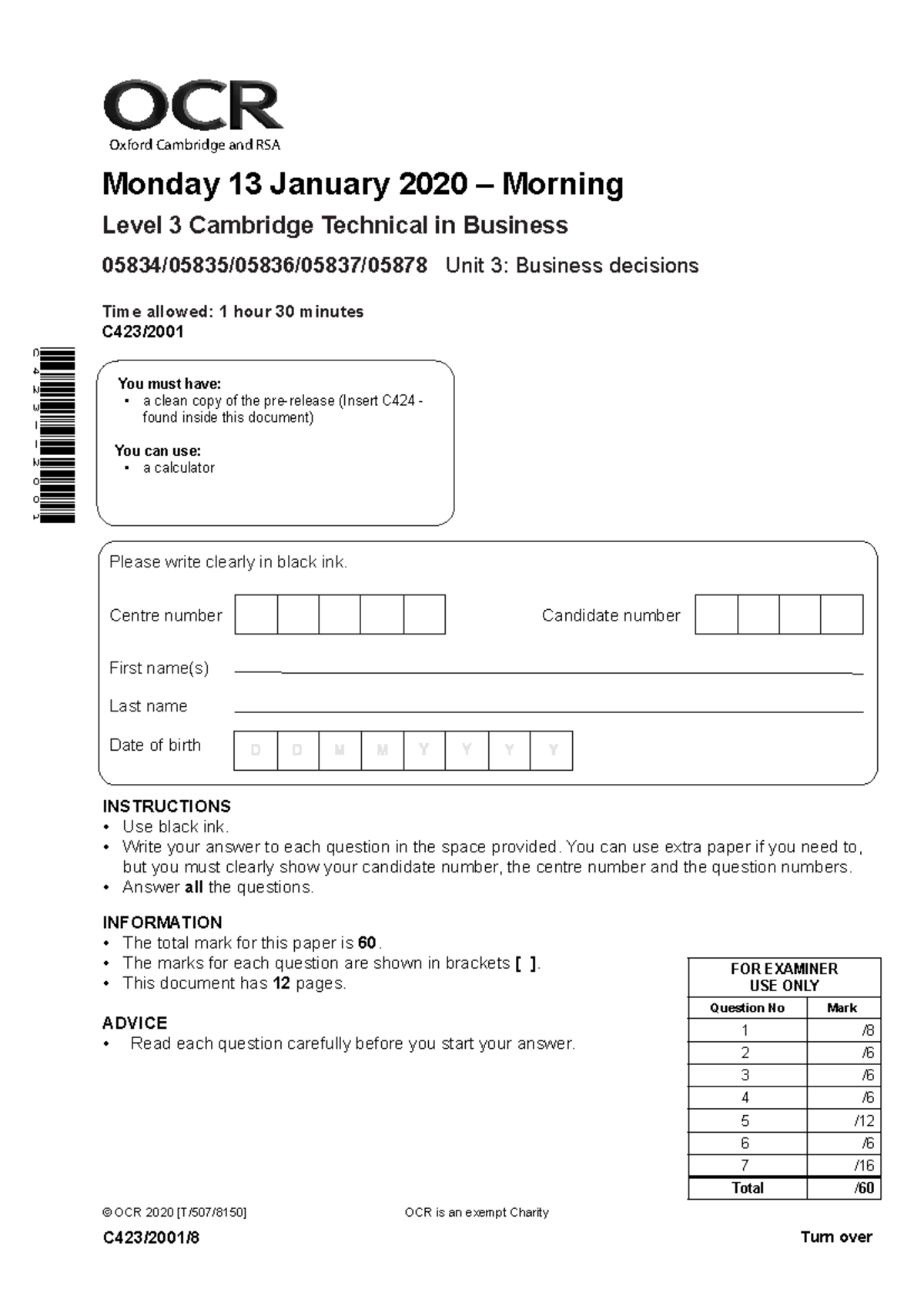 623080 Business Decisions Exam Paper - Level 3 Cambridge Technical ...
