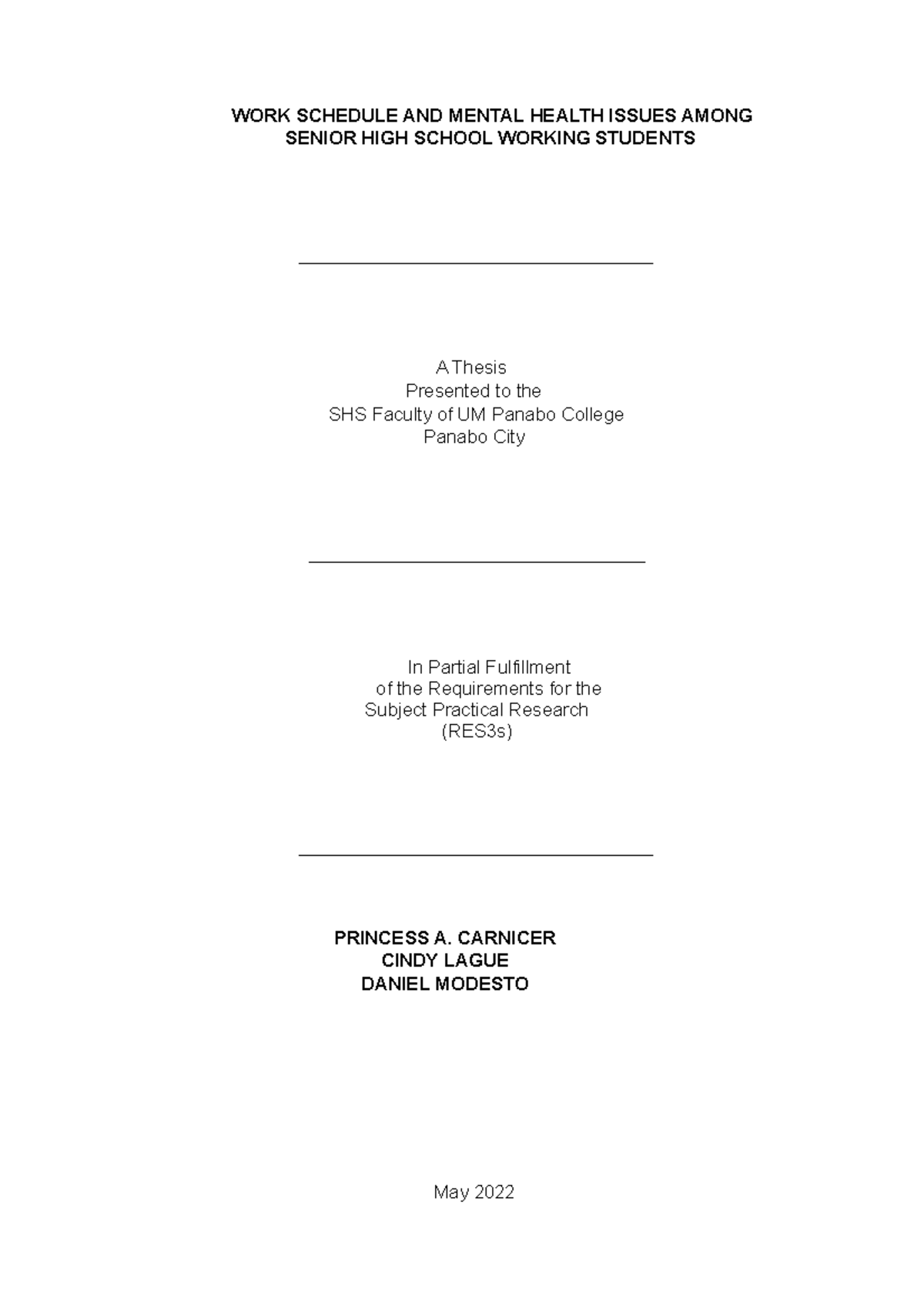 Work Schedule and Mental Health Issues Among Senior HS Students (RES3s ...