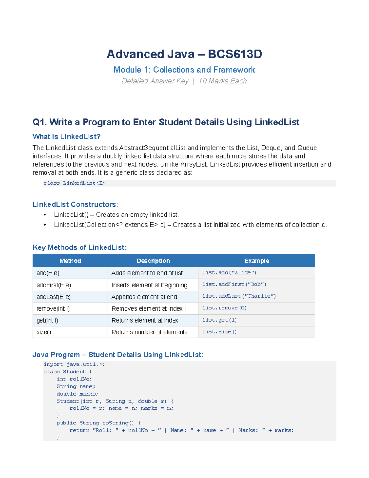 Advanced Java BCS613D Module 1: Collections & Framework Answer Key ...