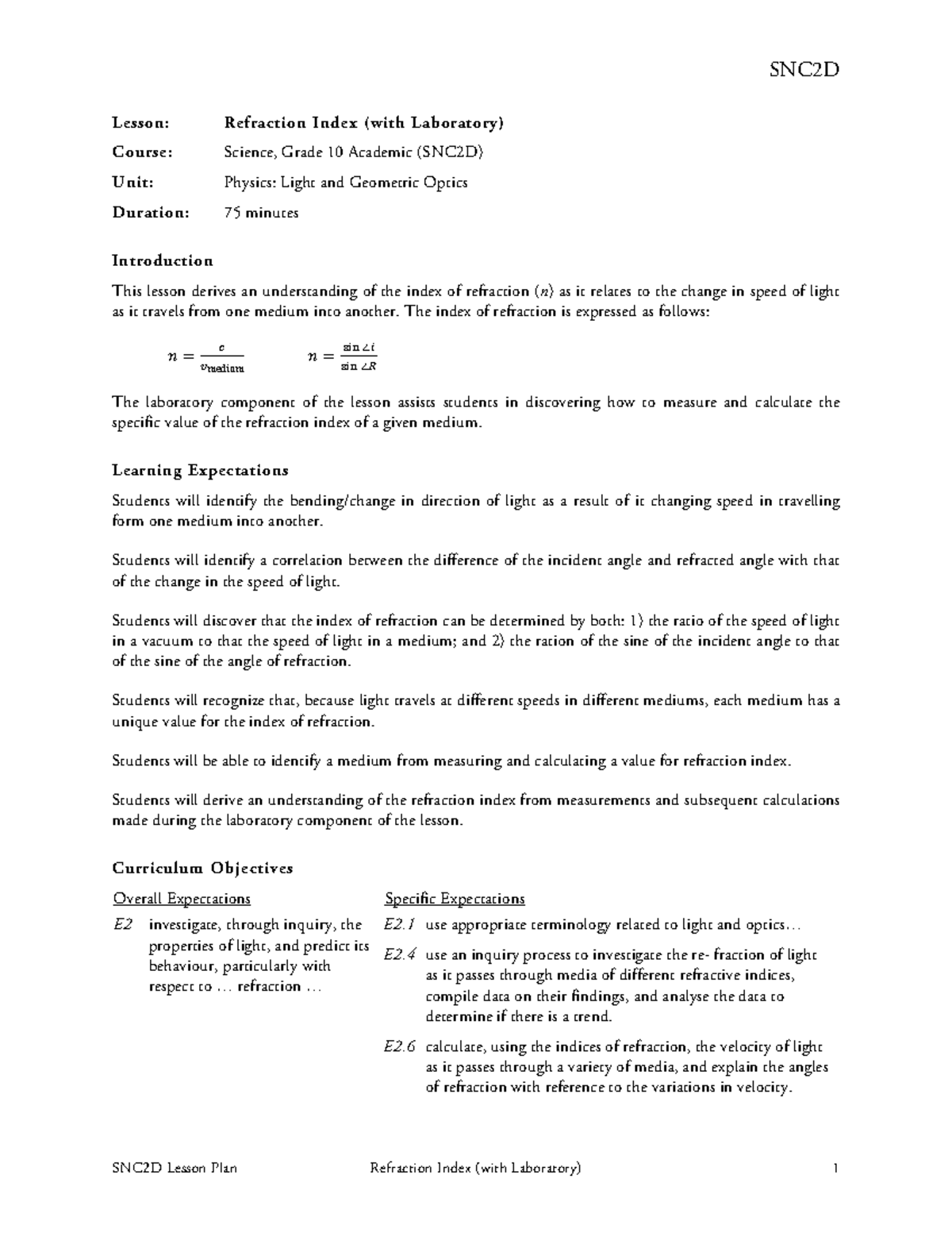 SNC2D Refraction Index Lesson Plan & Lab Activities Overview - Studocu