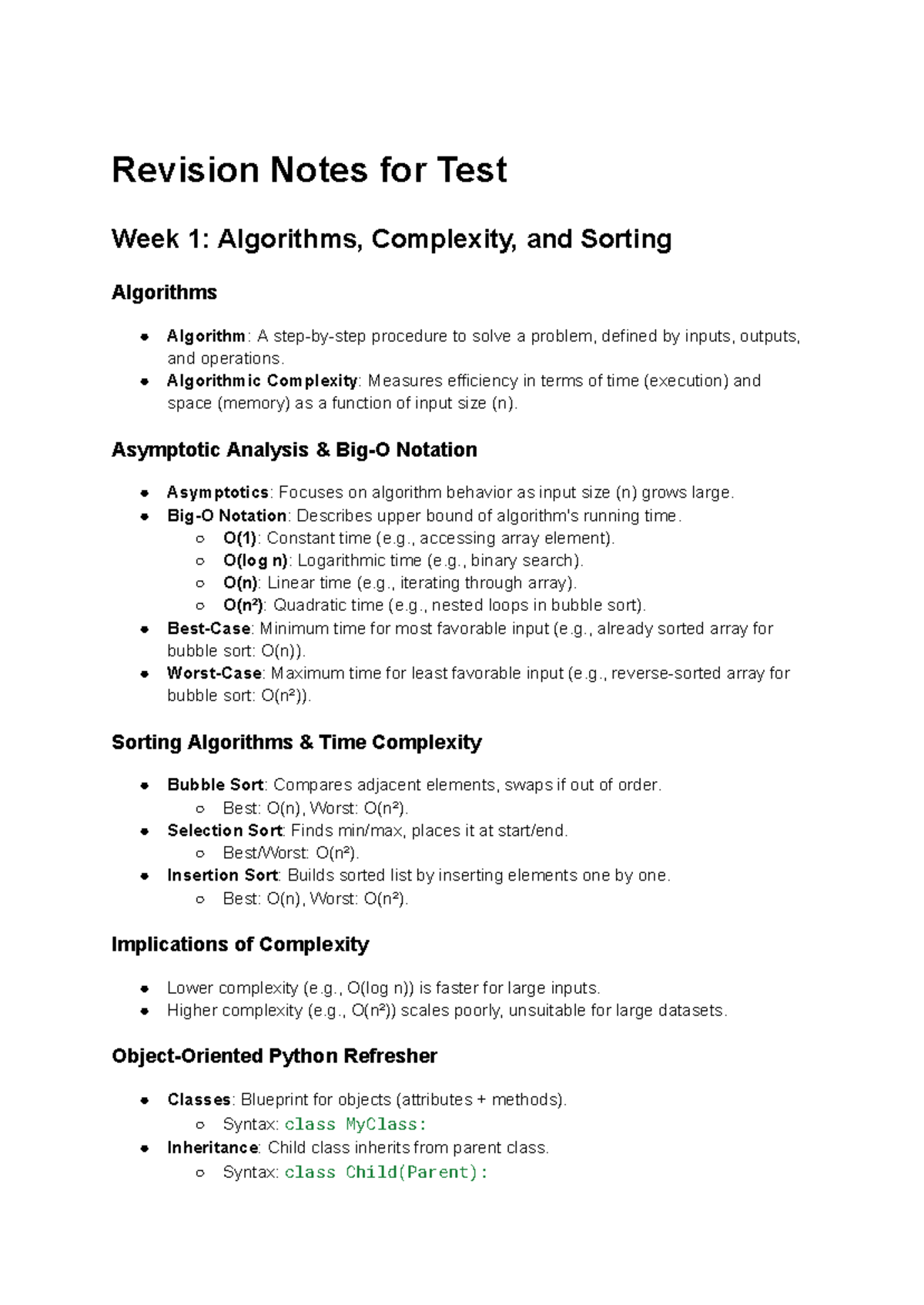 Revision Notes for CS101: Algorithms, Complexity, and ADTs - Studocu