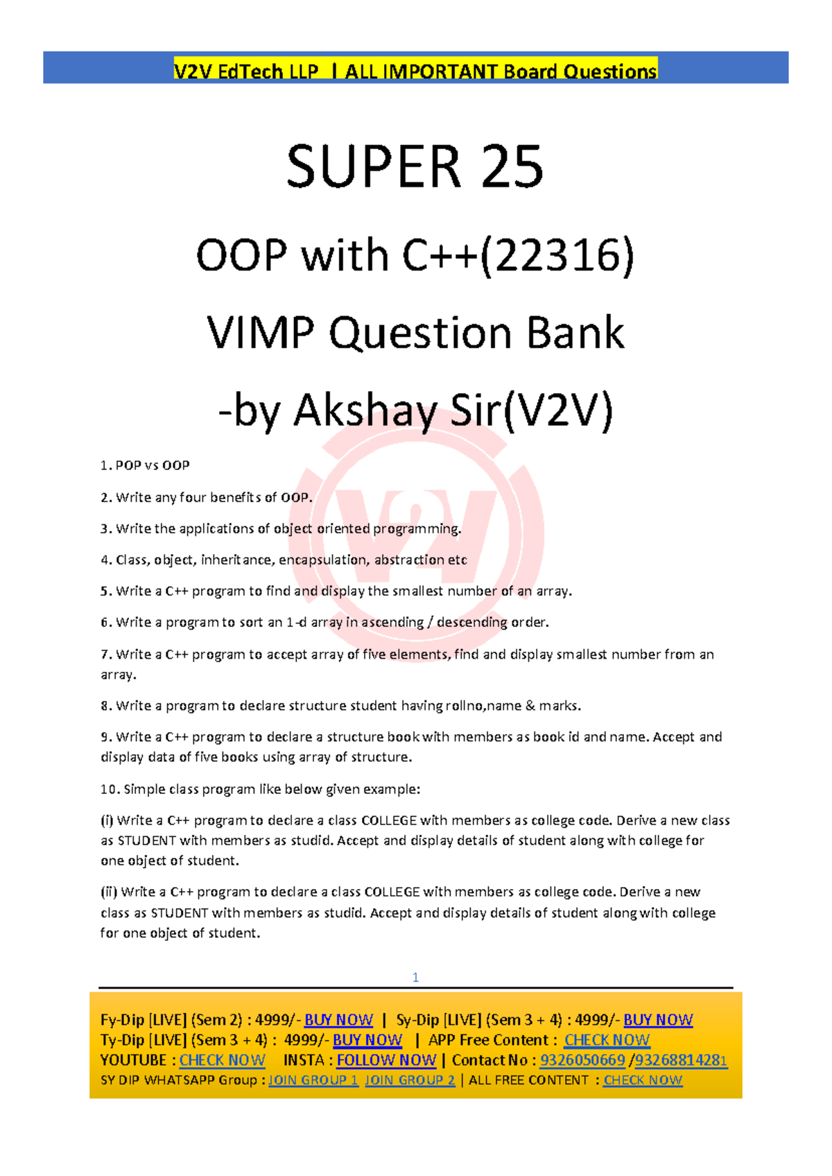 OOP C++ VIMP Questions for Final Exam (1220234) - Super 25 Guide - Studocu