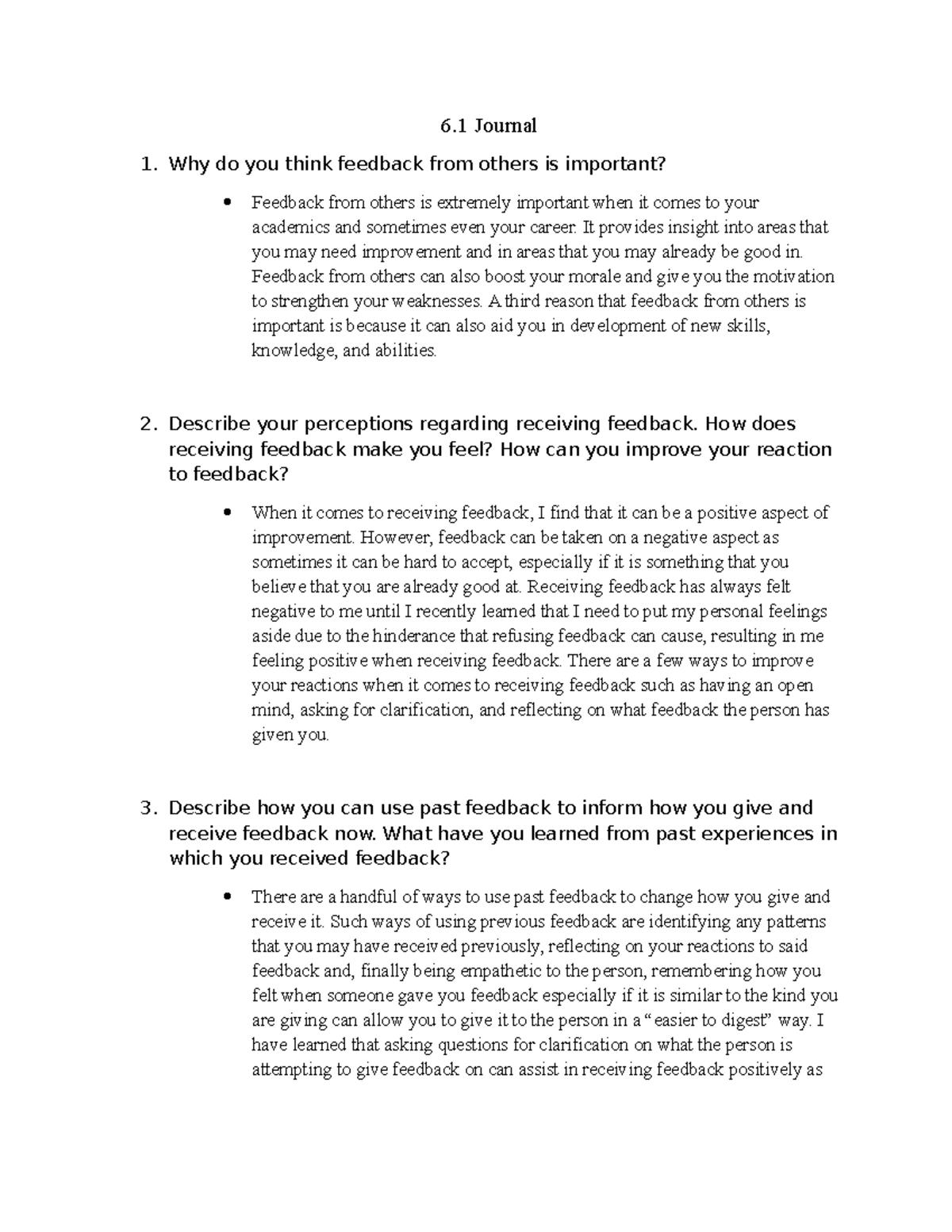 6.1 Journal: The Importance of Feedback in Personal Growth - Studocu