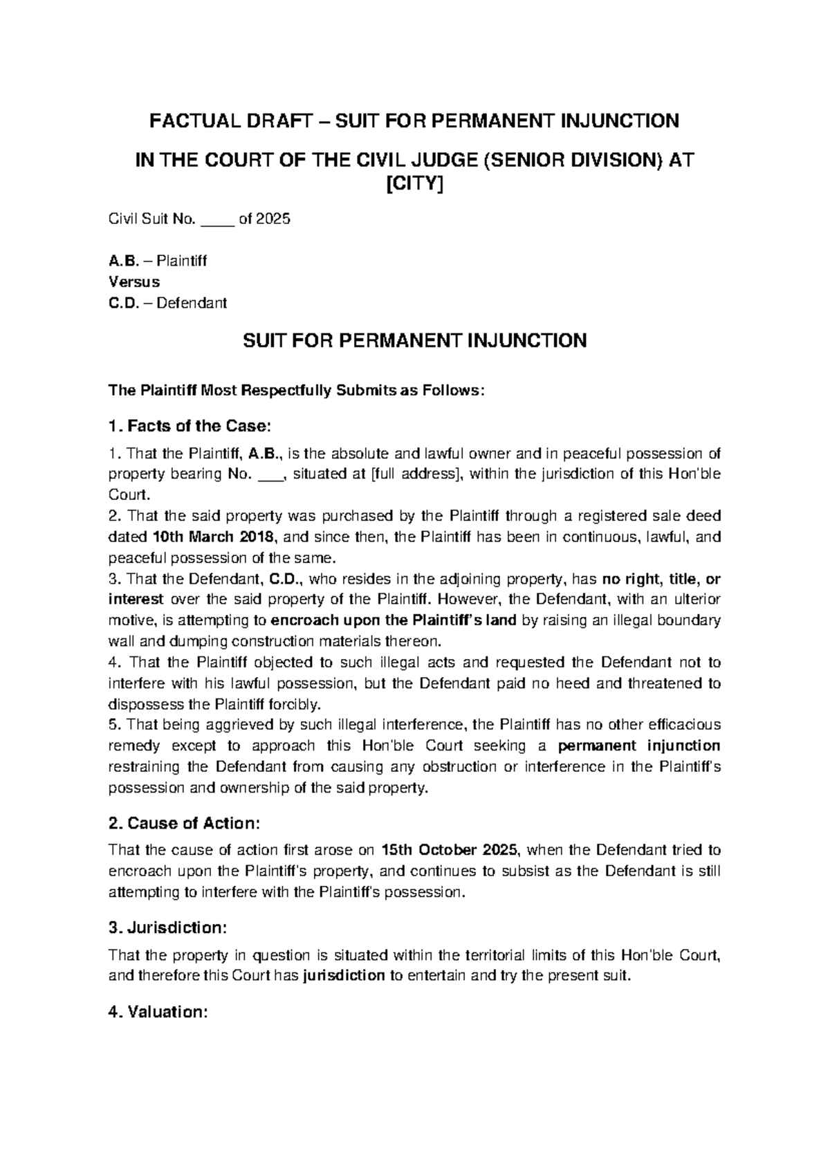 Factual Draft for Permanent Injunction - Civil Suit No. 2025 - Studocu