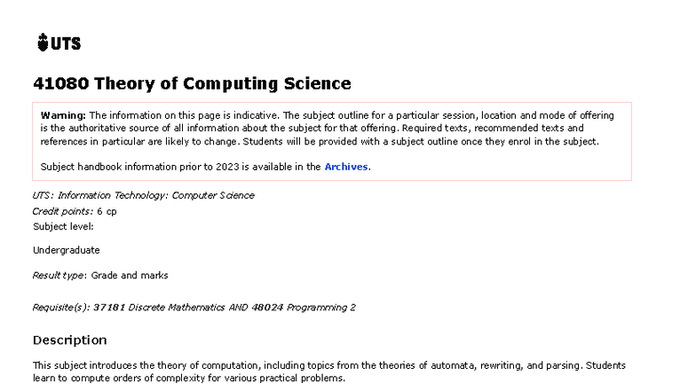 UTS 41080 Theory of Computing Science Overview and Assessment Guide ...