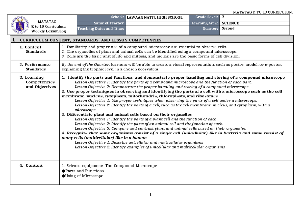 DLL Science 7 Q2 W2: Microscope & Cell Structures Lesson Plan - Studocu