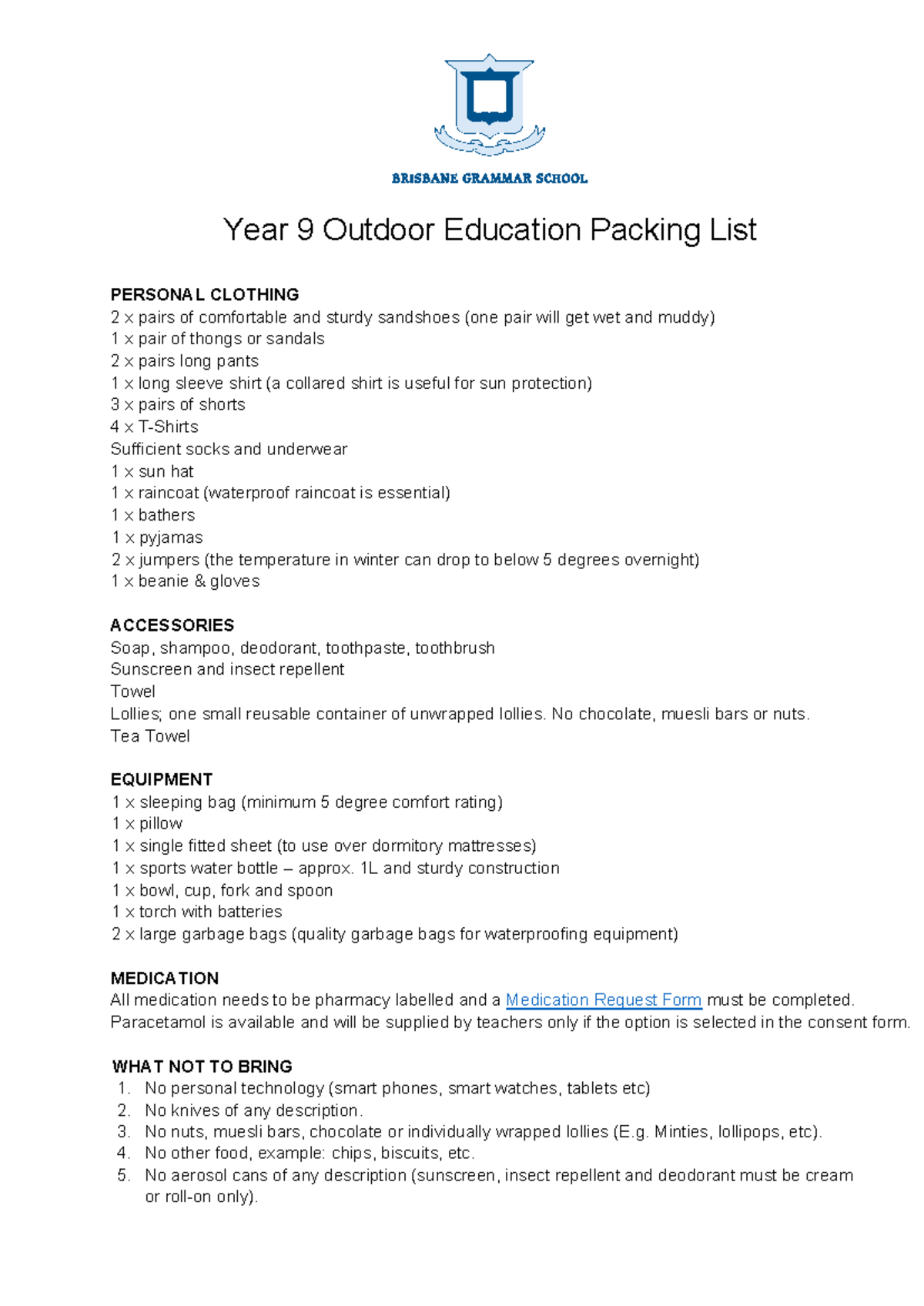 Year 9 Outdoor Ed Packing List: Essential Gear & Clothing - Studocu