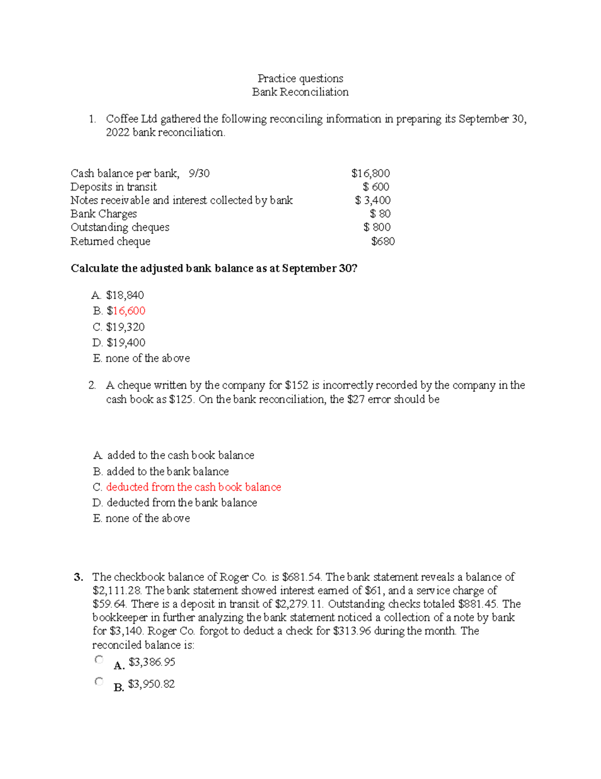 Bank Reconciliation Practice Questions - ACC 101 - Studocu