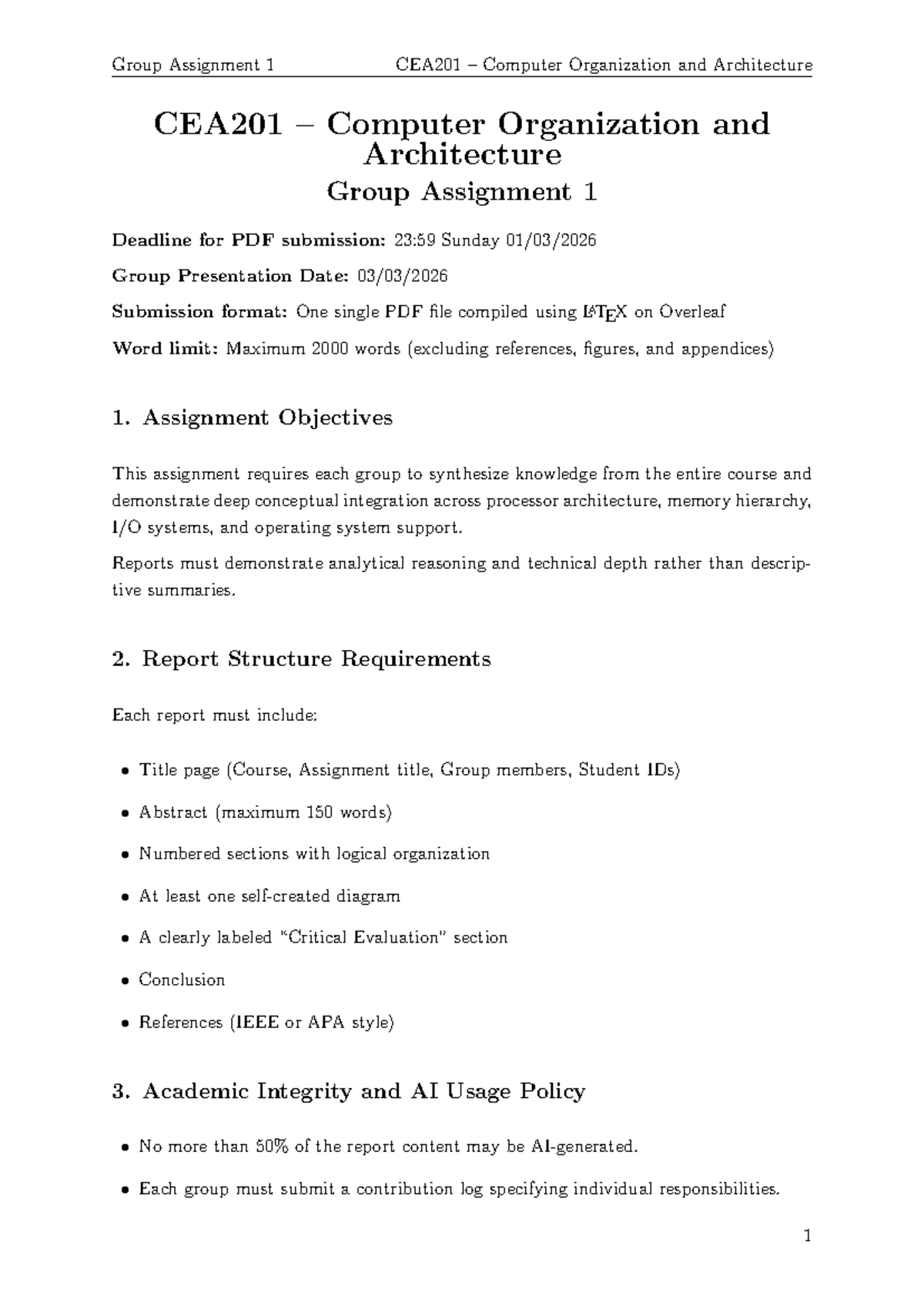 Group Assignment 1: CEA201 Computer Organization & Architecture - Studocu