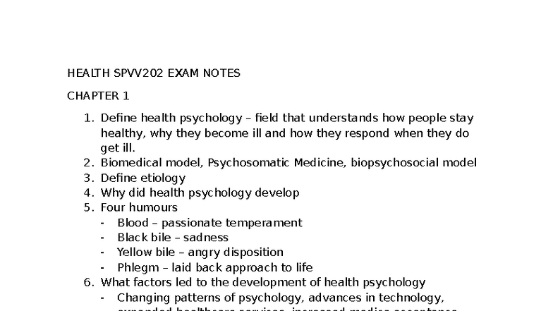 Health SPVV202 Exam Notes: Comprehensive Overview of Health Psychology ...