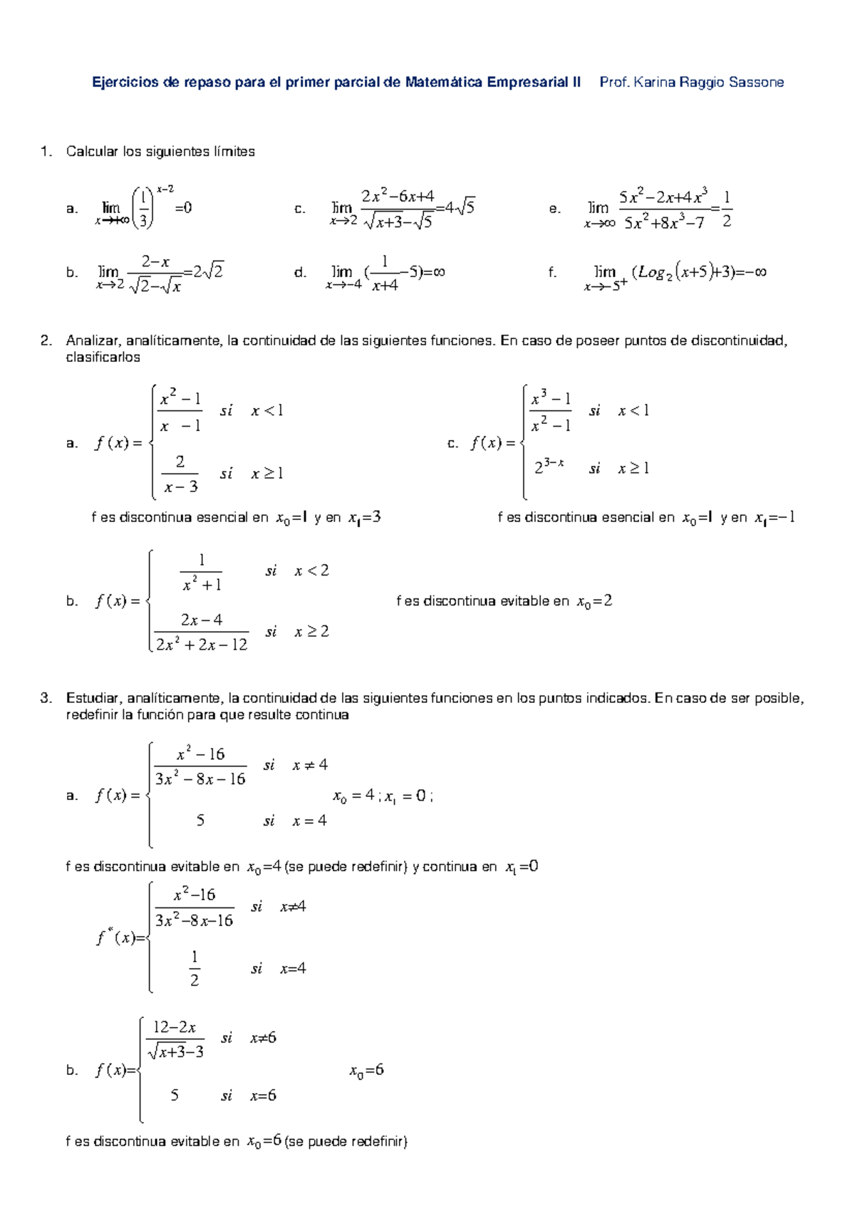 Ejercicios de repaso para el primer parcial de Matemática Empresarial ...