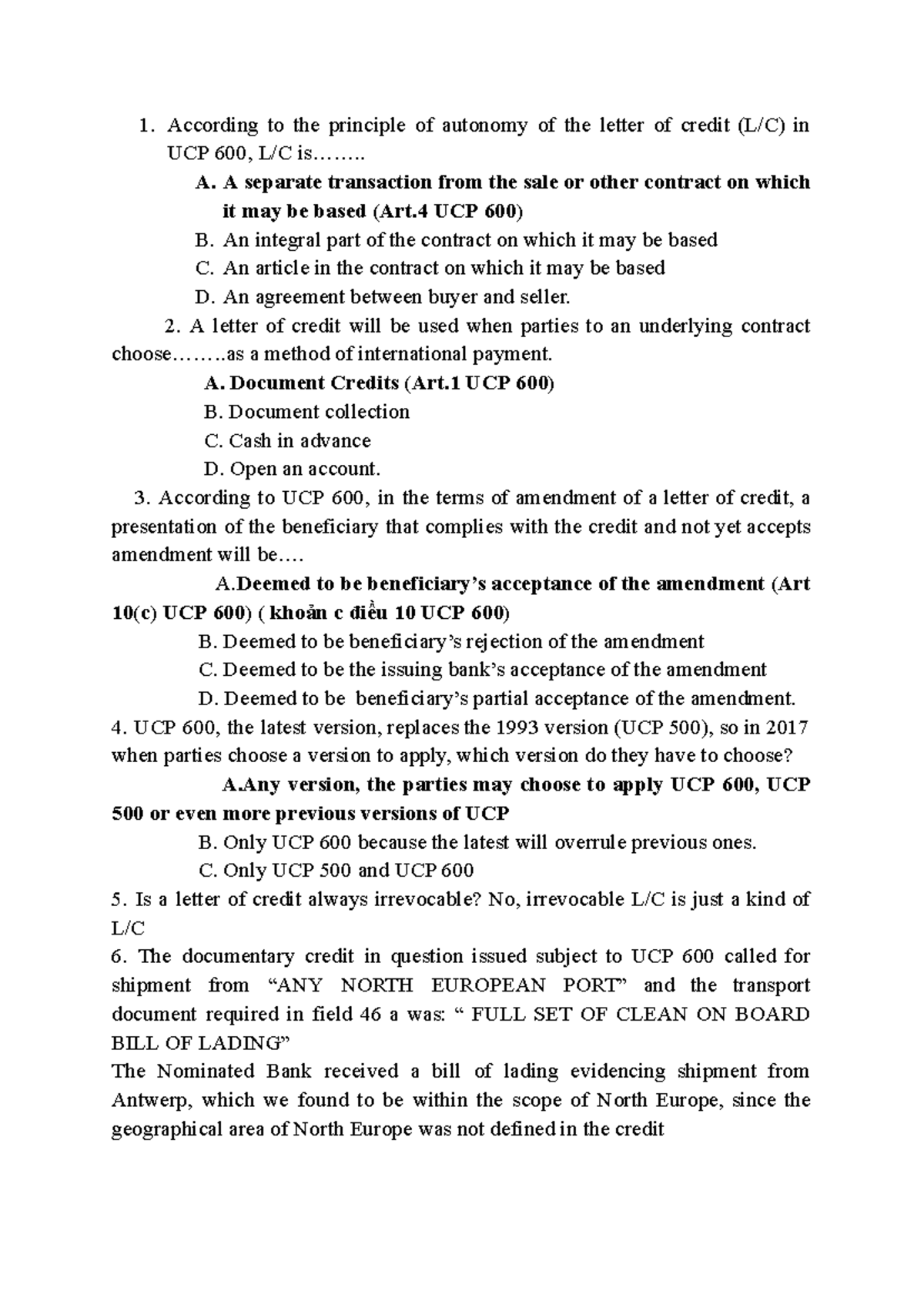 UCP 600: Autonomy of Letter of Credit & Related Concepts - Studocu